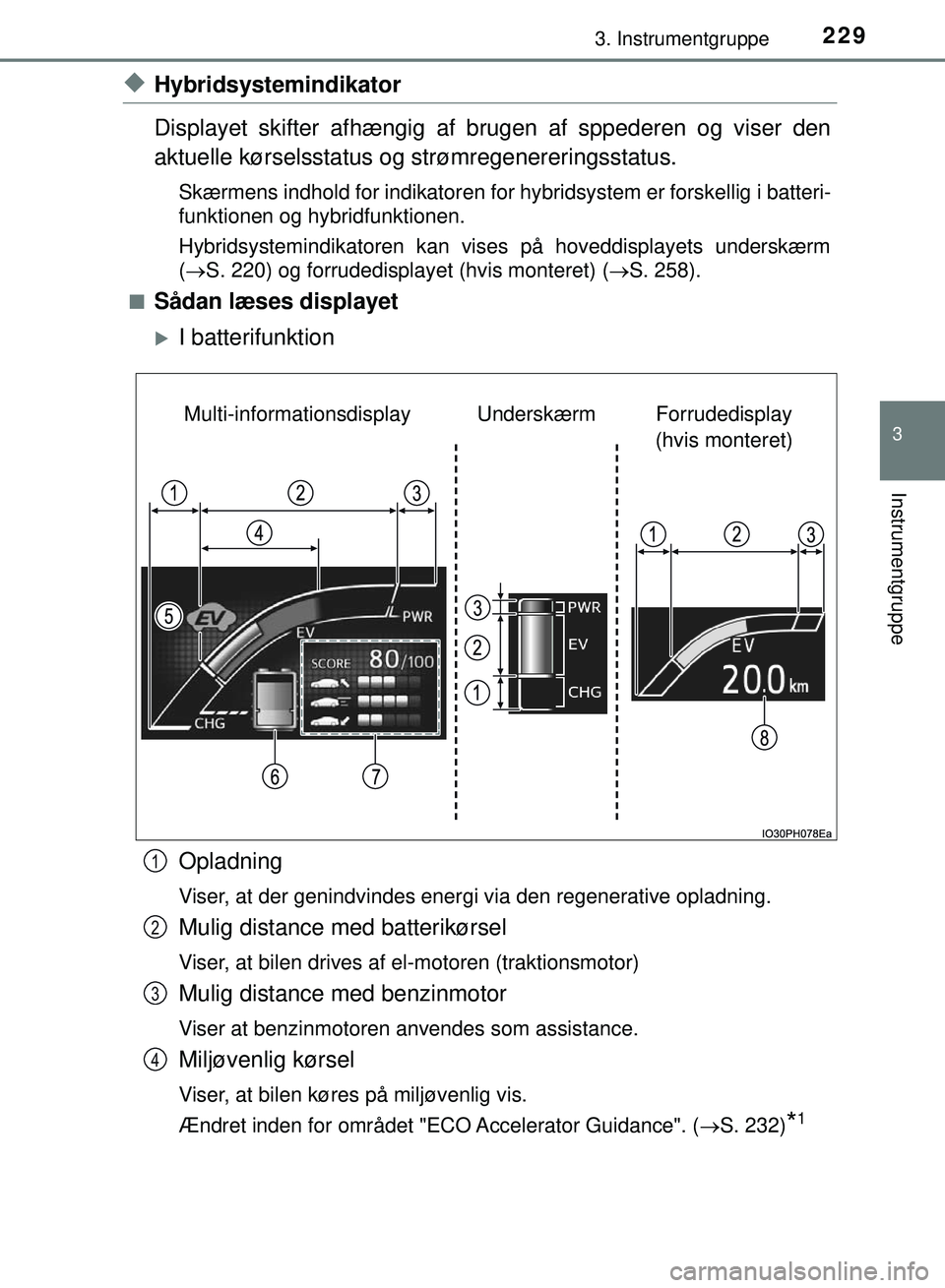 TOYOTA PRIUS PLUG-IN HYBRID 2018  Brugsanvisning (in Danish) 2293. Instrumentgruppe
3
Instrumentgruppe
OM47C99DK
uHybridsystemindikator
Displayet skifter afhængig af brugen af sppederen og viser den
aktuelle kørselsstatus og strømregenereringsstatus.
Skærme