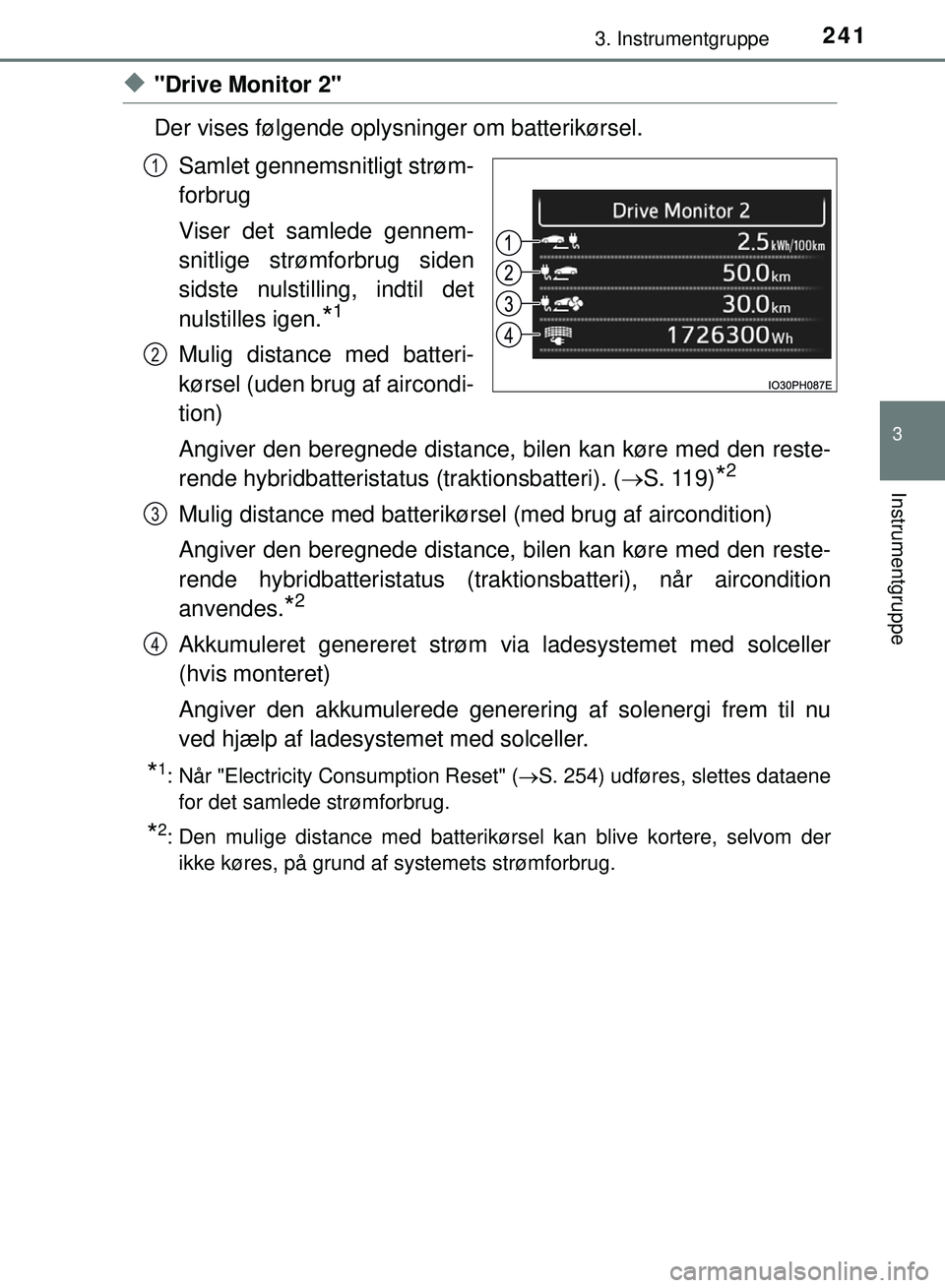 TOYOTA PRIUS PLUG-IN HYBRID 2018 Brugsanvisning (in Danish) 2413. Instrumentgruppe
3
Instrumentgruppe
OM47C99DK
u"Drive Monitor 2"
Der vises følgende oplysninger om batterikørsel.Samlet gennemsnitligt strøm-
forbrug
Viser det samlede gennem-
snitlige strøm TOYOTA PRIUS PLUG-IN HYBRID 2018 Brugsanvisning (in Danish) 2413. Instrumentgruppe
3
Instrumentgruppe
OM47C99DK
u"Drive Monitor 2"
Der vises følgende oplysninger om batterikørsel.Samlet gennemsnitligt strøm-
forbrug
Viser det samlede gennem-
snitlige strøm