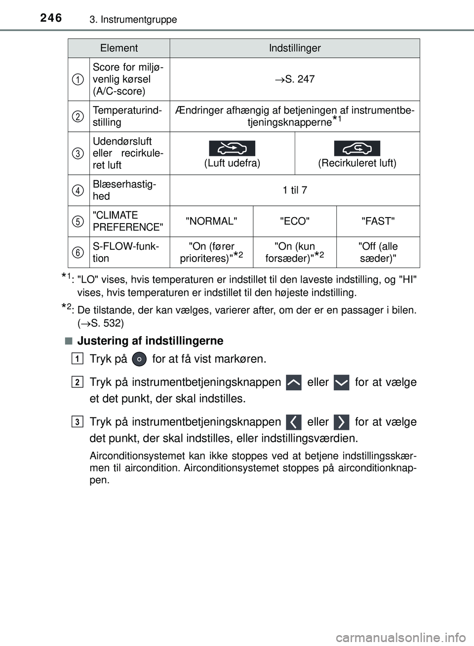 TOYOTA PRIUS PLUG-IN HYBRID 2018 Brugsanvisning (in Danish) 2463. Instrumentgruppe
OM47C99DK
*1: "LO" vises, hvis temperaturen er indstillet til den laveste indstilling, og "HI"vises, hvis temperaturen er indstillet til den højeste indstilling.
*2: De tilstan TOYOTA PRIUS PLUG-IN HYBRID 2018 Brugsanvisning (in Danish) 2463. Instrumentgruppe
OM47C99DK
*1: "LO" vises, hvis temperaturen er indstillet til den laveste indstilling, og "HI"vises, hvis temperaturen er indstillet til den højeste indstilling.
*2: De tilstan