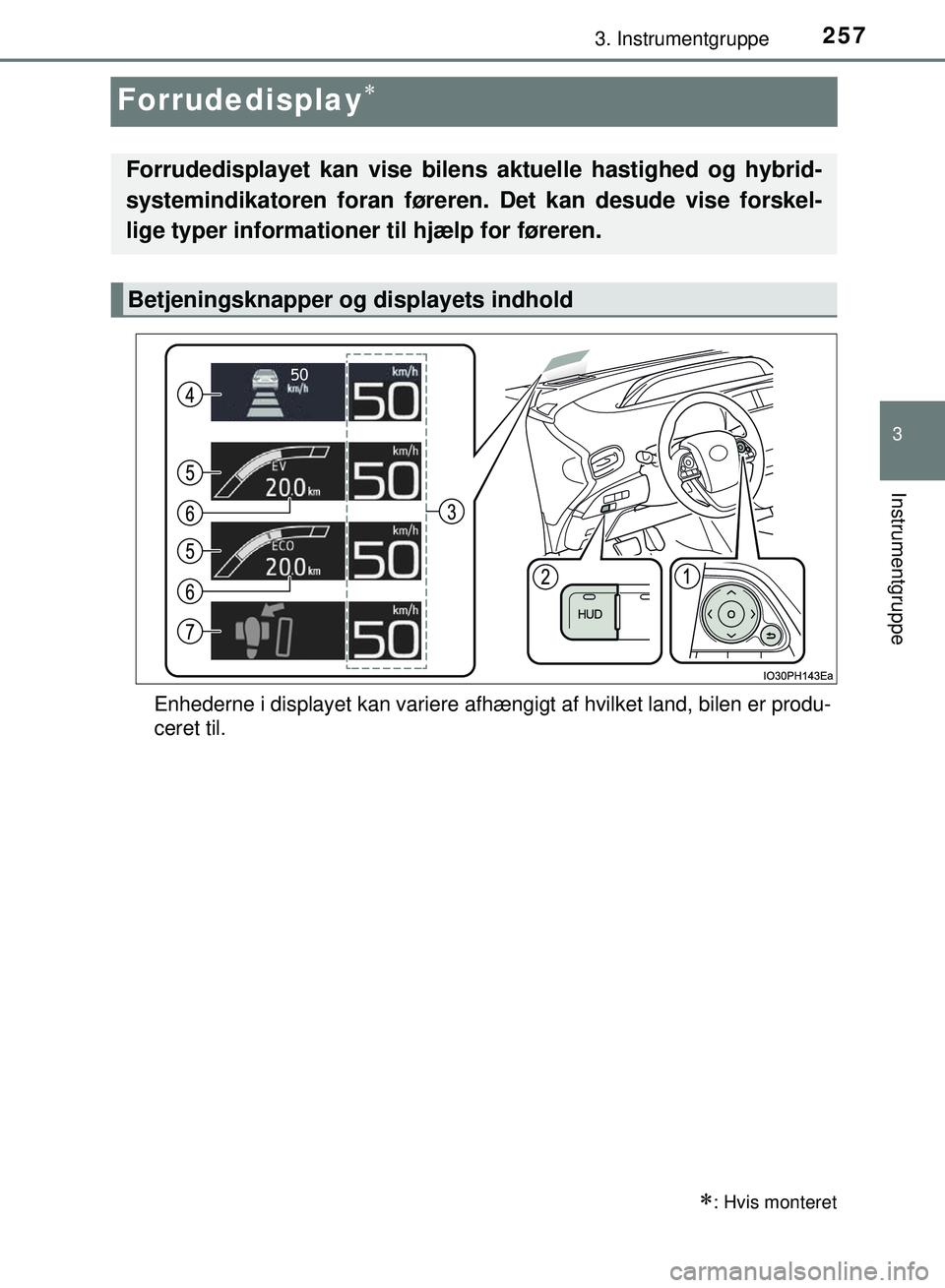 TOYOTA PRIUS PLUG-IN HYBRID 2018 Brugsanvisning (in Danish) 2573. Instrumentgruppe
OM47C99DK
3
Instrumentgruppe
Forrudedisplay
Enhederne i displayet kan variere afhængigt af hvilket land, bilen er produ-
ceret til.
: Hvis monteret
Forrudedisplayet kan v TOYOTA PRIUS PLUG-IN HYBRID 2018 Brugsanvisning (in Danish) 2573. Instrumentgruppe
OM47C99DK
3
Instrumentgruppe
Forrudedisplay
Enhederne i displayet kan variere afhængigt af hvilket land, bilen er produ-
ceret til.
: Hvis monteret
Forrudedisplayet kan v