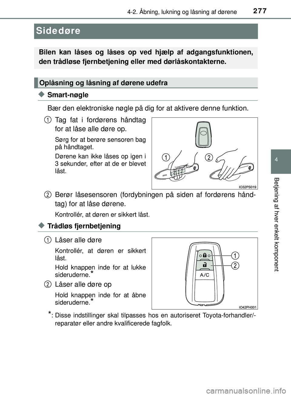 TOYOTA PRIUS PLUG-IN HYBRID 2018  Brugsanvisning (in Danish) 2774-2. Åbning, lukning og låsning af dørene
OM47C99DK
4
Betjening af hver enkelt komponent
Sidedøre
uSmart-nøgle
Bær den elektroniske nøgle på dig for at aktivere denne funktion.
Tag fat i fo