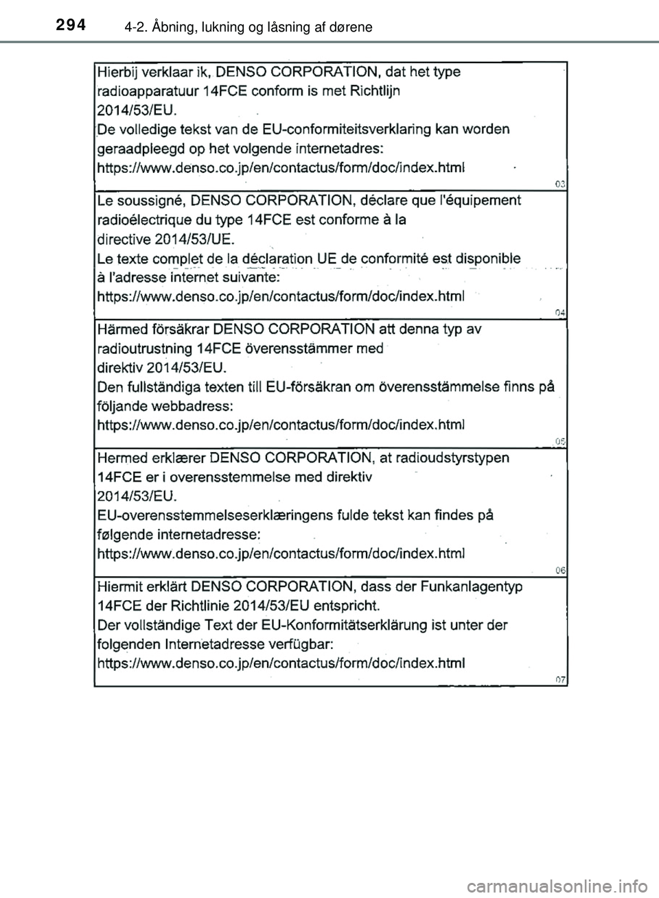 TOYOTA PRIUS PLUG-IN HYBRID 2018  Brugsanvisning (in Danish) 2944-2. Åbning, lukning og låsning af dørene
OM47C99DK
OM47C99DK.book  Page 294  Friday, August 10, 2018  11:20 AM 