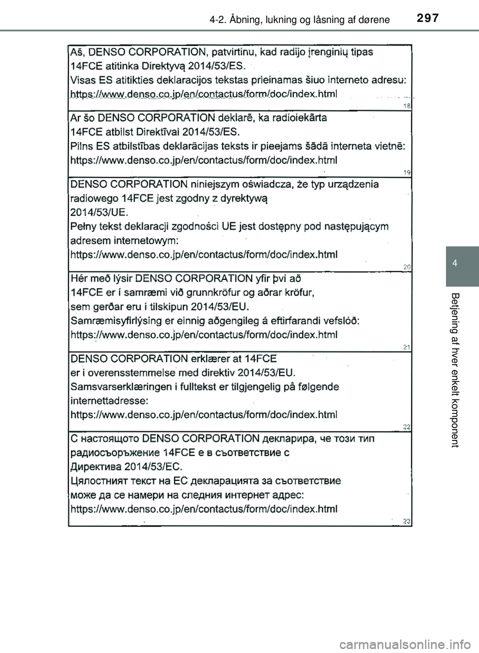 TOYOTA PRIUS PLUG-IN HYBRID 2018  Brugsanvisning (in Danish) 2974-2. Åbning, lukning og låsning af dørene
OM47C99DK
4
Betjening af hver enkelt komponent
OM47C99DK.book  Page 297  Friday, August 10, 2018  11:20 AM 