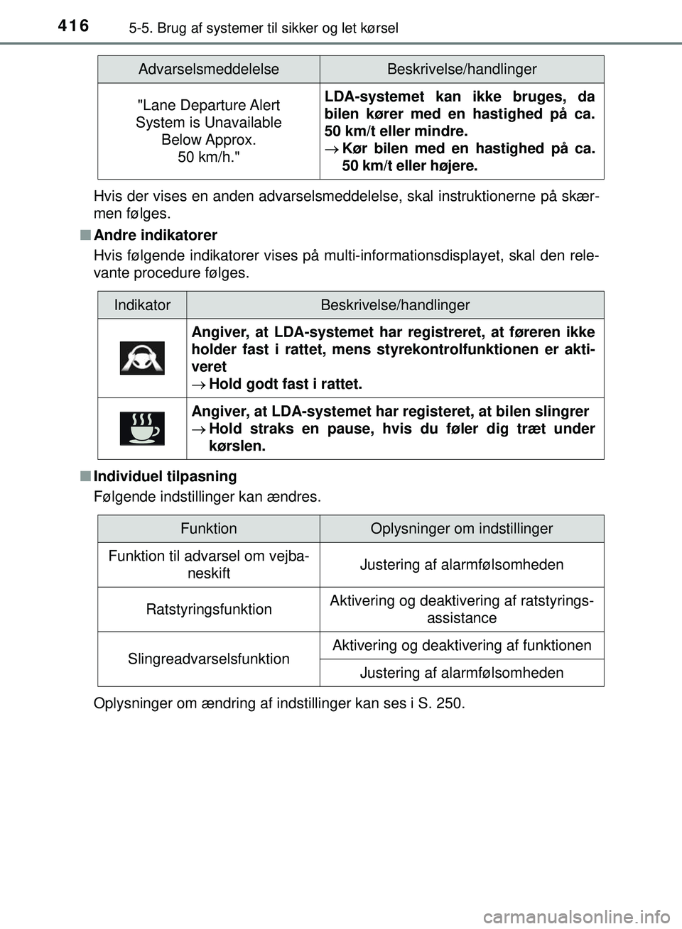 TOYOTA PRIUS PLUG-IN HYBRID 2018  Brugsanvisning (in Danish) 4165-5. Brug af systemer til sikker og let kørsel
OM47C99DKHvis der vises en anden advarselsmeddelelse, skal instruktionerne på skær-
men følges.
n Andre indikatorer
Hvis følgende indikatorer vis