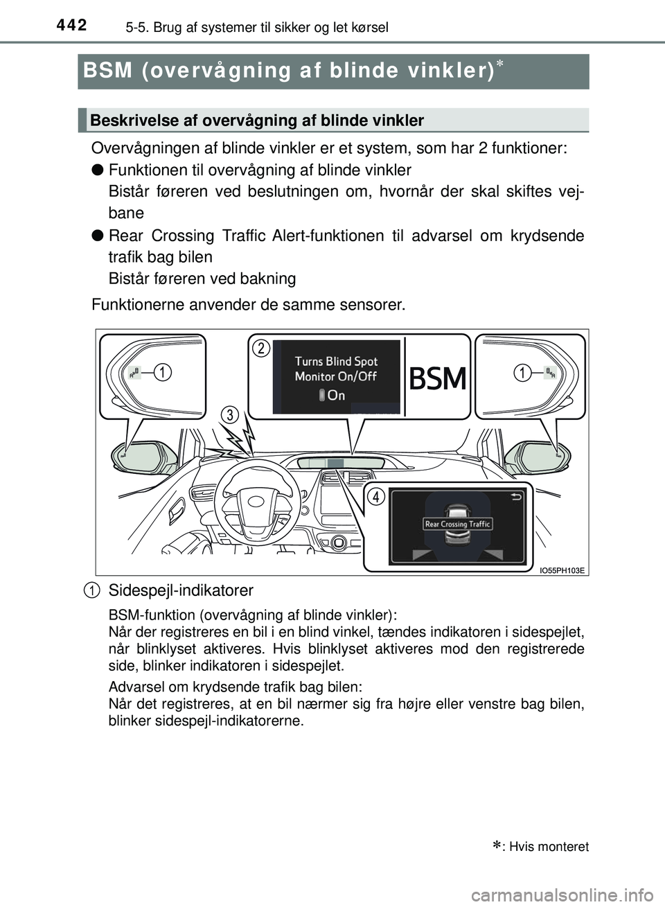 TOYOTA PRIUS PLUG-IN HYBRID 2018 Brugsanvisning (in Danish) 4425-5. Brug af systemer til sikker og let kørsel
OM47C99DK
BSM (overvågning af blinde vinkler)
Overvågningen af blinde vinkler er et system, som har 2 funktioner:
lFunktionen til overvågning a TOYOTA PRIUS PLUG-IN HYBRID 2018 Brugsanvisning (in Danish) 4425-5. Brug af systemer til sikker og let kørsel
OM47C99DK
BSM (overvågning af blinde vinkler)
Overvågningen af blinde vinkler er et system, som har 2 funktioner:
lFunktionen til overvågning a