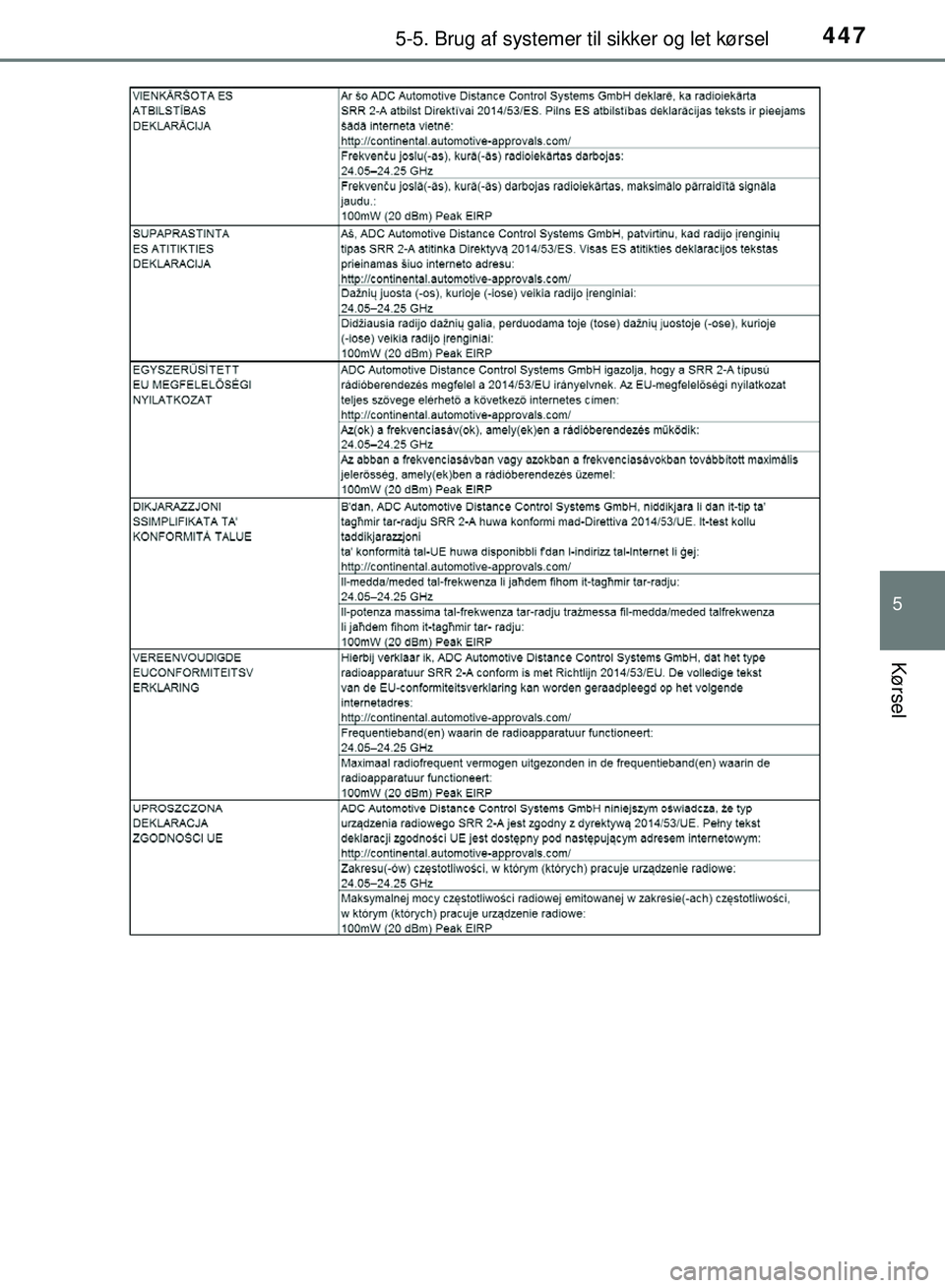 TOYOTA PRIUS PLUG-IN HYBRID 2018 Brugsanvisning (in Danish) 4475-5. Brug af systemer til sikker og let kørsel
OM47C99DK
5
Kørsel
OM47C99DK.book Page 447 Friday, August 10, 2018 11:20 AM TOYOTA PRIUS PLUG-IN HYBRID 2018 Brugsanvisning (in Danish) 4475-5. Brug af systemer til sikker og let kørsel
OM47C99DK
5
Kørsel
OM47C99DK.book Page 447 Friday, August 10, 2018 11:20 AM