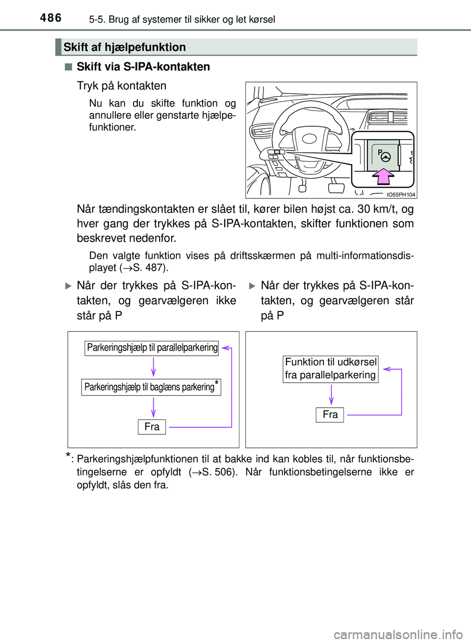 TOYOTA PRIUS PLUG-IN HYBRID 2018 Brugsanvisning (in Danish) 4865-5. Brug af systemer til sikker og let kørsel
OM47C99DKn
Skift via S-IPA-kontakten
Tryk på kontakten
Nu kan du skifte funktion og
annullere eller genstarte hjælpe-
funktioner.
Når tændingskon TOYOTA PRIUS PLUG-IN HYBRID 2018 Brugsanvisning (in Danish) 4865-5. Brug af systemer til sikker og let kørsel
OM47C99DKn
Skift via S-IPA-kontakten
Tryk på kontakten
Nu kan du skifte funktion og
annullere eller genstarte hjælpe-
funktioner.
Når tændingskon