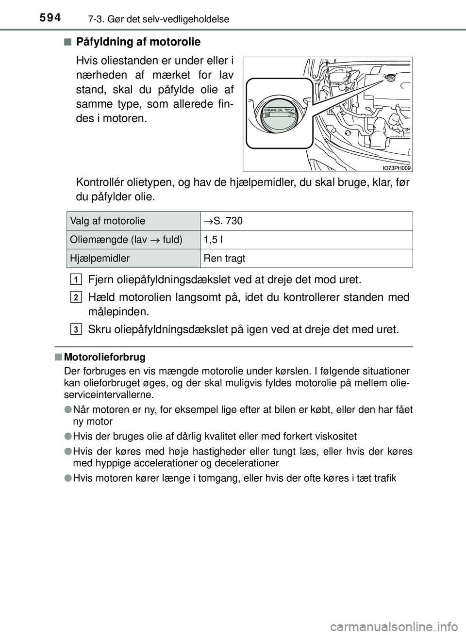 TOYOTA PRIUS PLUG-IN HYBRID 2018  Brugsanvisning (in Danish) 5947-3. Gør det selv-vedligeholdelse
OM47C99DKn
Påfyldning af motorolie
Hvis oliestanden er under eller i
nærheden af mærket for lav
stand, skal du påfylde olie af
samme type, som allerede fin-
d