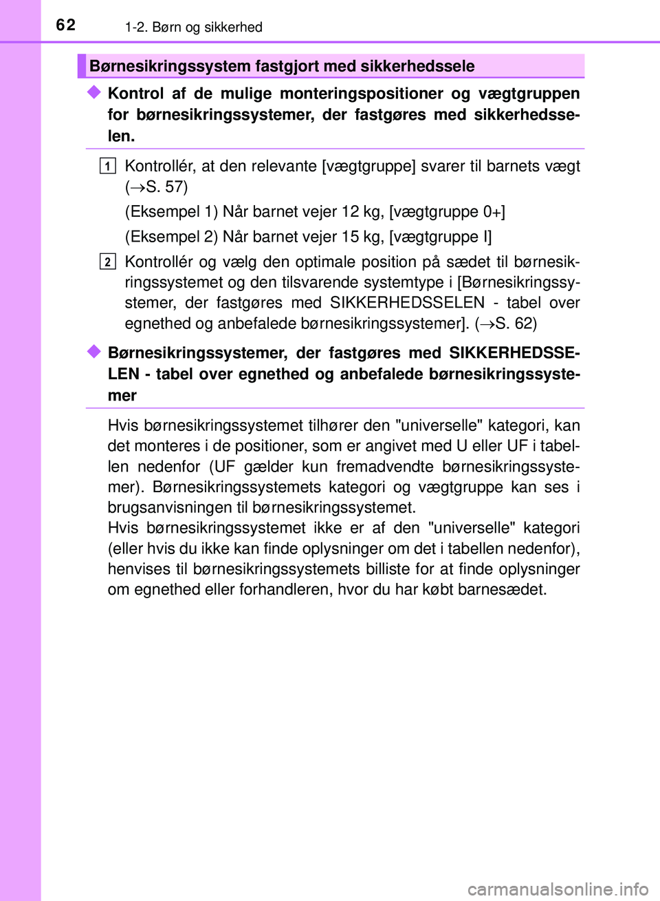TOYOTA PRIUS PLUG-IN HYBRID 2018 Brugsanvisning (in Danish) 621-2. Børn og sikkerhed
OM47C99DK
uKontrol af de mulige monteringspositioner og vægtgruppen
for børnesikringssystemer, der fastgøres med sikkerhedsse-
len.
Kontrollér, at den relevante [vægtgru TOYOTA PRIUS PLUG-IN HYBRID 2018 Brugsanvisning (in Danish) 621-2. Børn og sikkerhed
OM47C99DK
uKontrol af de mulige monteringspositioner og vægtgruppen
for børnesikringssystemer, der fastgøres med sikkerhedsse-
len.
Kontrollér, at den relevante [vægtgru