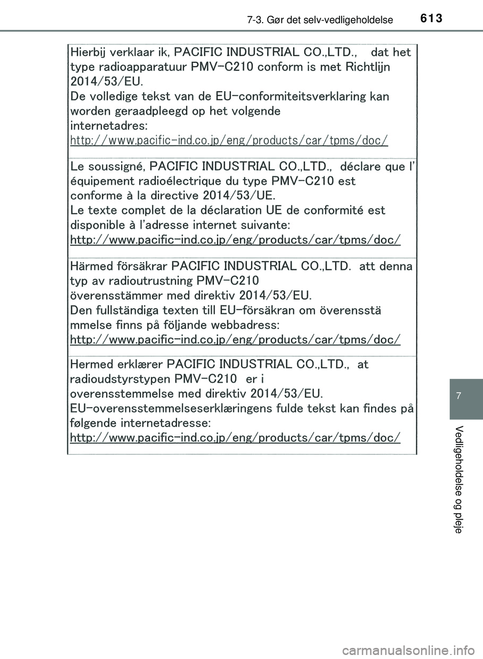 TOYOTA PRIUS PLUG-IN HYBRID 2018  Brugsanvisning (in Danish) 6137-3. Gør det selv-vedligeholdelse
OM47C99DK
7
Vedligeholdelse og pleje
OM47C99DK.book  Page 613  Friday, August 10, 2018  11:20 AM 