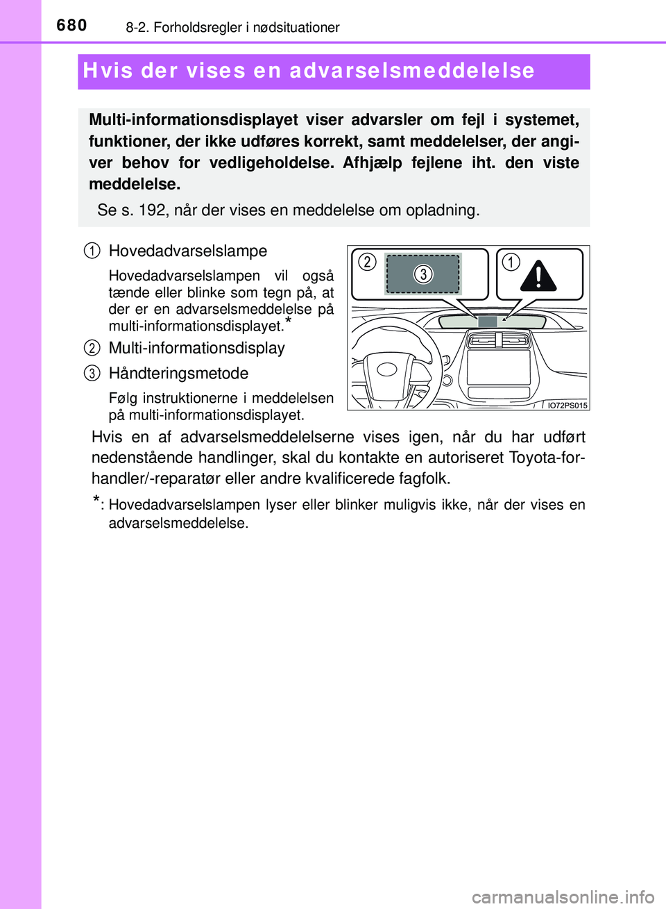 TOYOTA PRIUS PLUG-IN HYBRID 2018  Brugsanvisning (in Danish) 6808-2. Forholdsregler i nødsituationer
OM47C99DK
Hvis der vises en advarselsmeddelelse
Hovedadvarselslampe
Hovedadvarselslampen vil også
tænde eller blinke som tegn på, at
der er en advarselsmedd