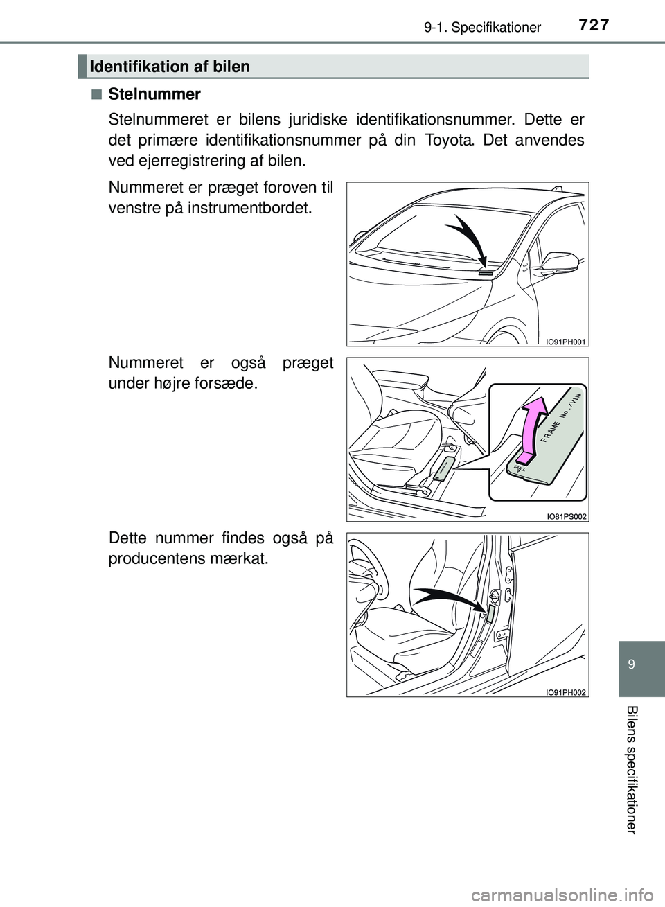 TOYOTA PRIUS PLUG-IN HYBRID 2018 Brugsanvisning (in Danish) 7279-1. Specifikationer
OM47C99DK
9
Bilens specifikationer
nStelnummer
Stelnummeret er bilens juridiske identifikationsnummer. Dette er
det primære identifik ationsnummer på din Toyota. Det anvende TOYOTA PRIUS PLUG-IN HYBRID 2018 Brugsanvisning (in Danish) 7279-1. Specifikationer
OM47C99DK
9
Bilens specifikationer
nStelnummer
Stelnummeret er bilens juridiske identifikationsnummer. Dette er
det primære identifik ationsnummer på din Toyota. Det anvende