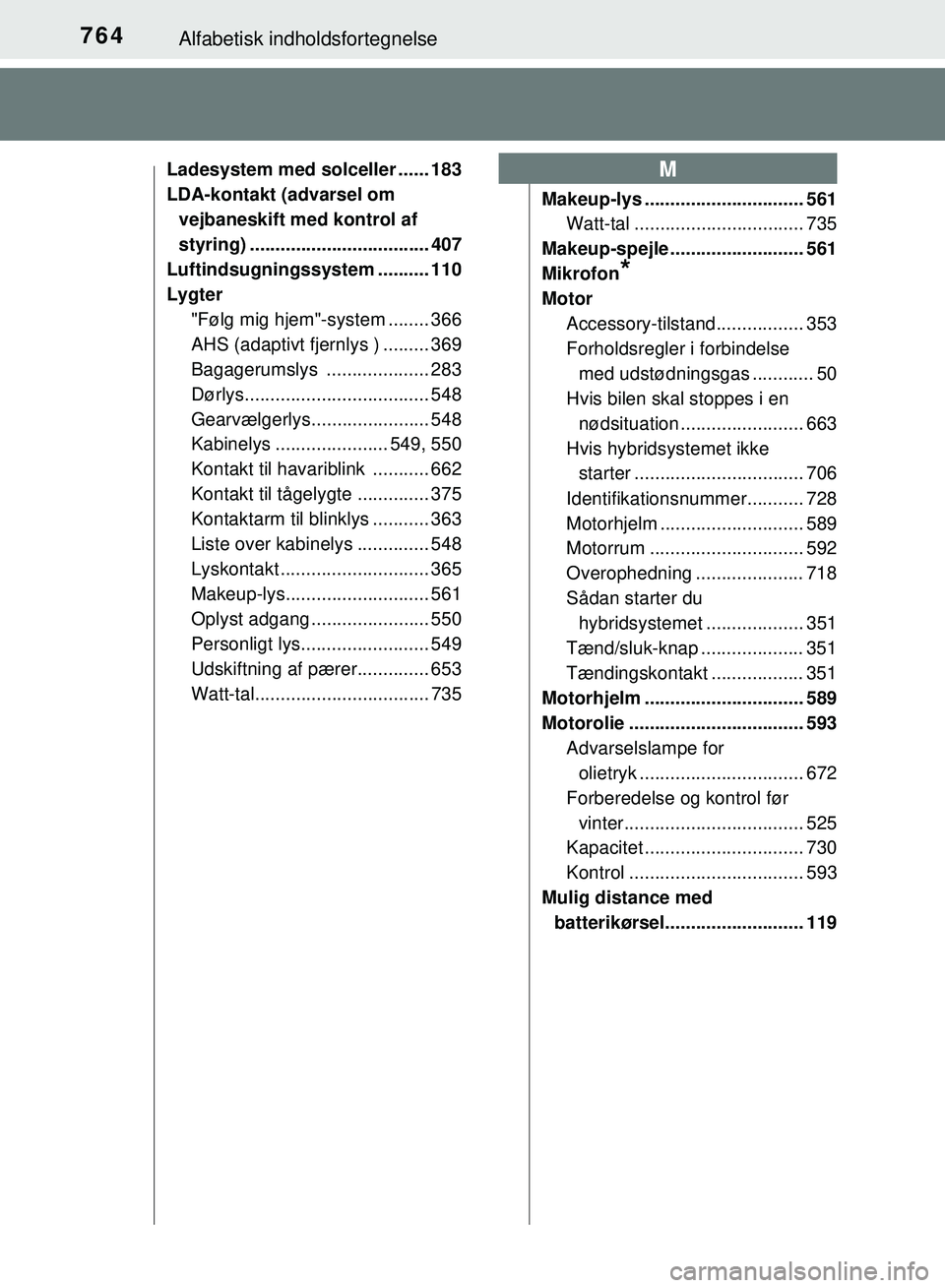 TOYOTA PRIUS PLUG-IN HYBRID 2018 Brugsanvisning (in Danish) 764Alfabetisk indholdsfortegnelse
OM47C99DK
Ladesystem med solceller ...... 183
LDA-kontakt (advarsel om vejbaneskift med kontrol af
styring) ................................... 407
Luftindsugningssy TOYOTA PRIUS PLUG-IN HYBRID 2018 Brugsanvisning (in Danish) 764Alfabetisk indholdsfortegnelse
OM47C99DK
Ladesystem med solceller ...... 183
LDA-kontakt (advarsel om vejbaneskift med kontrol af
styring) ................................... 407
Luftindsugningssy
