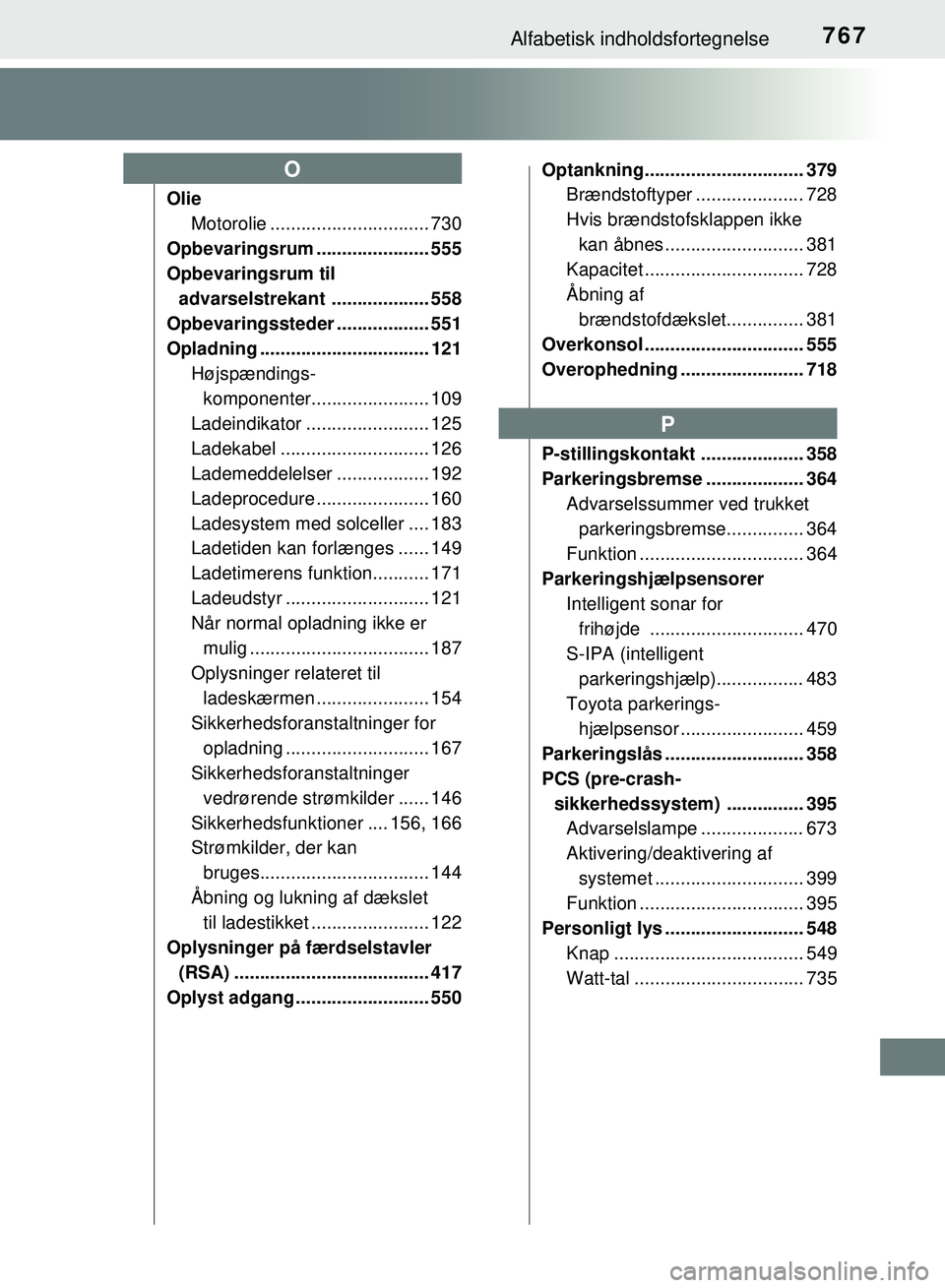 TOYOTA PRIUS PLUG-IN HYBRID 2018 Brugsanvisning (in Danish) 767Alfabetisk indholdsfortegnelse
OM47C99DK
OlieMotorolie ............................... 730
Opbevaringsrum ...................... 555
Opbevaringsrum til advarselstrekant ................... 558
Opb TOYOTA PRIUS PLUG-IN HYBRID 2018 Brugsanvisning (in Danish) 767Alfabetisk indholdsfortegnelse
OM47C99DK
OlieMotorolie ............................... 730
Opbevaringsrum ...................... 555
Opbevaringsrum til advarselstrekant ................... 558
Opb