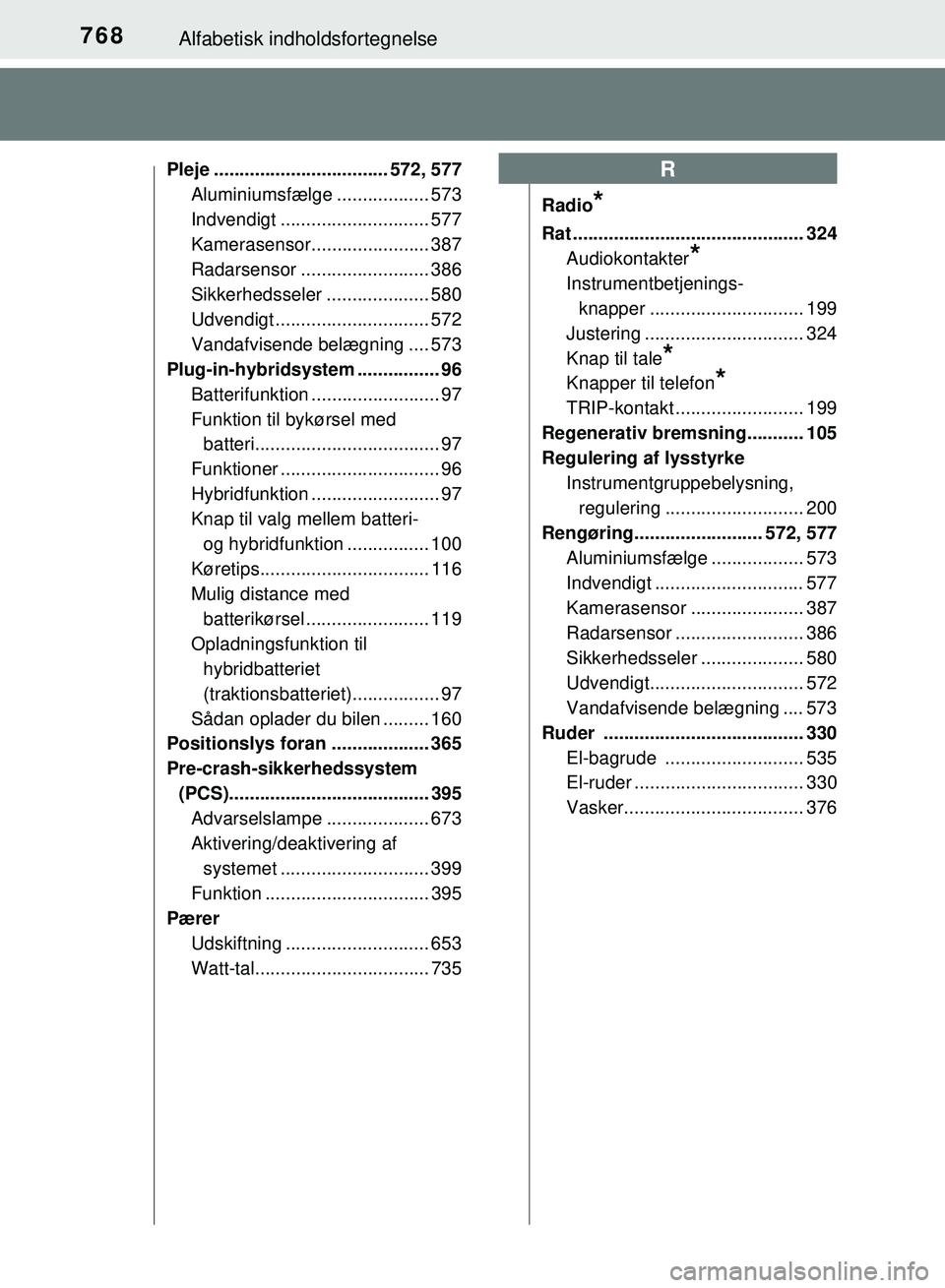 TOYOTA PRIUS PLUG-IN HYBRID 2018 Brugsanvisning (in Danish) 768Alfabetisk indholdsfortegnelse
OM47C99DK
Pleje .................................. 572, 577Aluminiumsfælge .................. 573
Indvendigt ............................. 577
Kamerasensor.......... TOYOTA PRIUS PLUG-IN HYBRID 2018 Brugsanvisning (in Danish) 768Alfabetisk indholdsfortegnelse
OM47C99DK
Pleje .................................. 572, 577Aluminiumsfælge .................. 573
Indvendigt ............................. 577
Kamerasensor..........