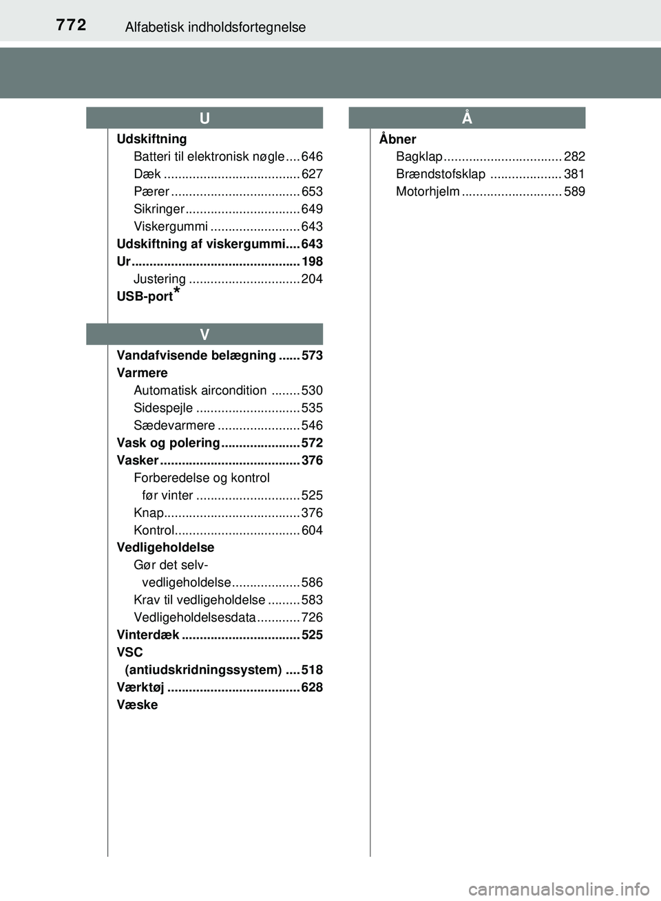 TOYOTA PRIUS PLUG-IN HYBRID 2018 Brugsanvisning (in Danish) 772Alfabetisk indholdsfortegnelse
OM47C99DK
UdskiftningBatteri til elektronisk nøgle .... 646
Dæk ...................................... 627
Pærer .................................... 653
Sikringer TOYOTA PRIUS PLUG-IN HYBRID 2018 Brugsanvisning (in Danish) 772Alfabetisk indholdsfortegnelse
OM47C99DK
UdskiftningBatteri til elektronisk nøgle .... 646
Dæk ...................................... 627
Pærer .................................... 653
Sikringer