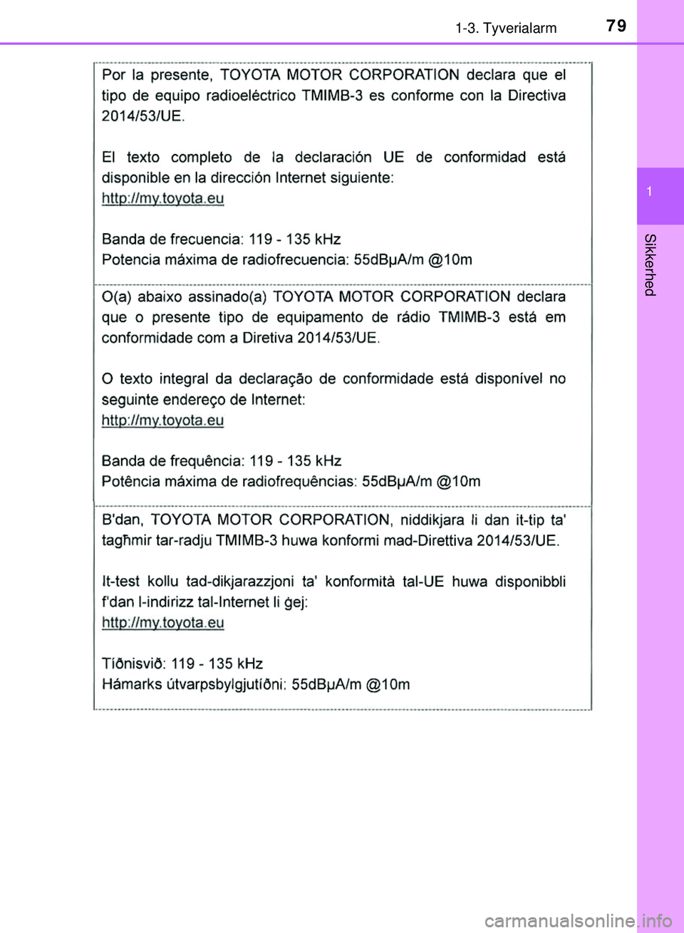 TOYOTA PRIUS PLUG-IN HYBRID 2018  Brugsanvisning (in Danish) 791-3. Tyverialarm
1
OM47C99DK
Sikkerhed
OM47C99DK.book  Page 79  Friday, August 10, 2018  11:20 AM 