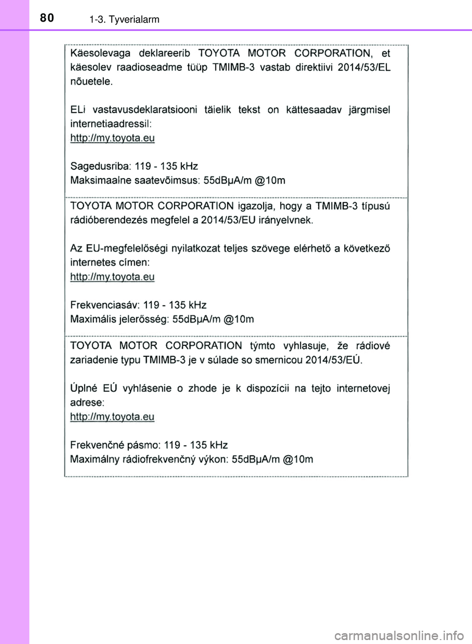 TOYOTA PRIUS PLUG-IN HYBRID 2018  Brugsanvisning (in Danish) 801-3. Tyverialarm
OM47C99DK
OM47C99DK.book  Page 80  Friday, August 10, 2018  11:20 AM 