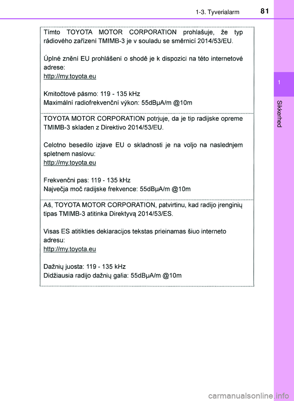 TOYOTA PRIUS PLUG-IN HYBRID 2018  Brugsanvisning (in Danish) 811-3. Tyverialarm
1
OM47C99DK
Sikkerhed
OM47C99DK.book  Page 81  Friday, August 10, 2018  11:20 AM 