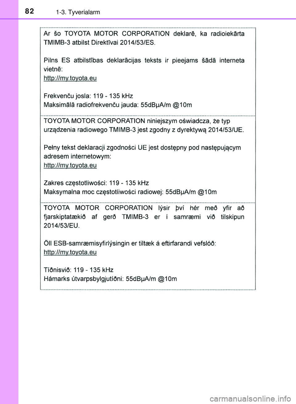 TOYOTA PRIUS PLUG-IN HYBRID 2018  Brugsanvisning (in Danish) 821-3. Tyverialarm
OM47C99DK
OM47C99DK.book  Page 82  Friday, August 10, 2018  11:20 AM 