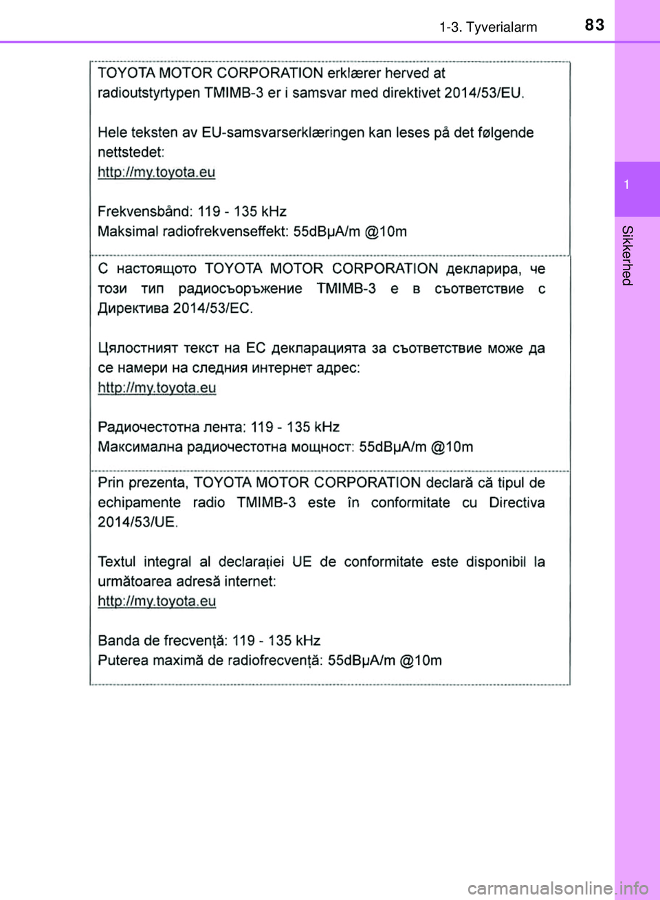 TOYOTA PRIUS PLUG-IN HYBRID 2018  Brugsanvisning (in Danish) 831-3. Tyverialarm
1
OM47C99DK
Sikkerhed
OM47C99DK.book  Page 83  Friday, August 10, 2018  11:20 AM 