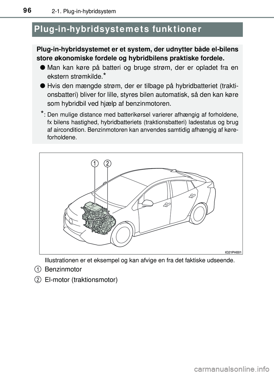 TOYOTA PRIUS PLUG-IN HYBRID 2018  Brugsanvisning (in Danish) 962-1. Plug-in-hybridsystem
OM47C99DK
Plug-in-hybridsystemets funktioner
Illustrationen er et eksempel og kan afvige en fra det faktiske udseende.
Benzinmotor
El-motor (traktionsmotor)
Plug-in-hybrids