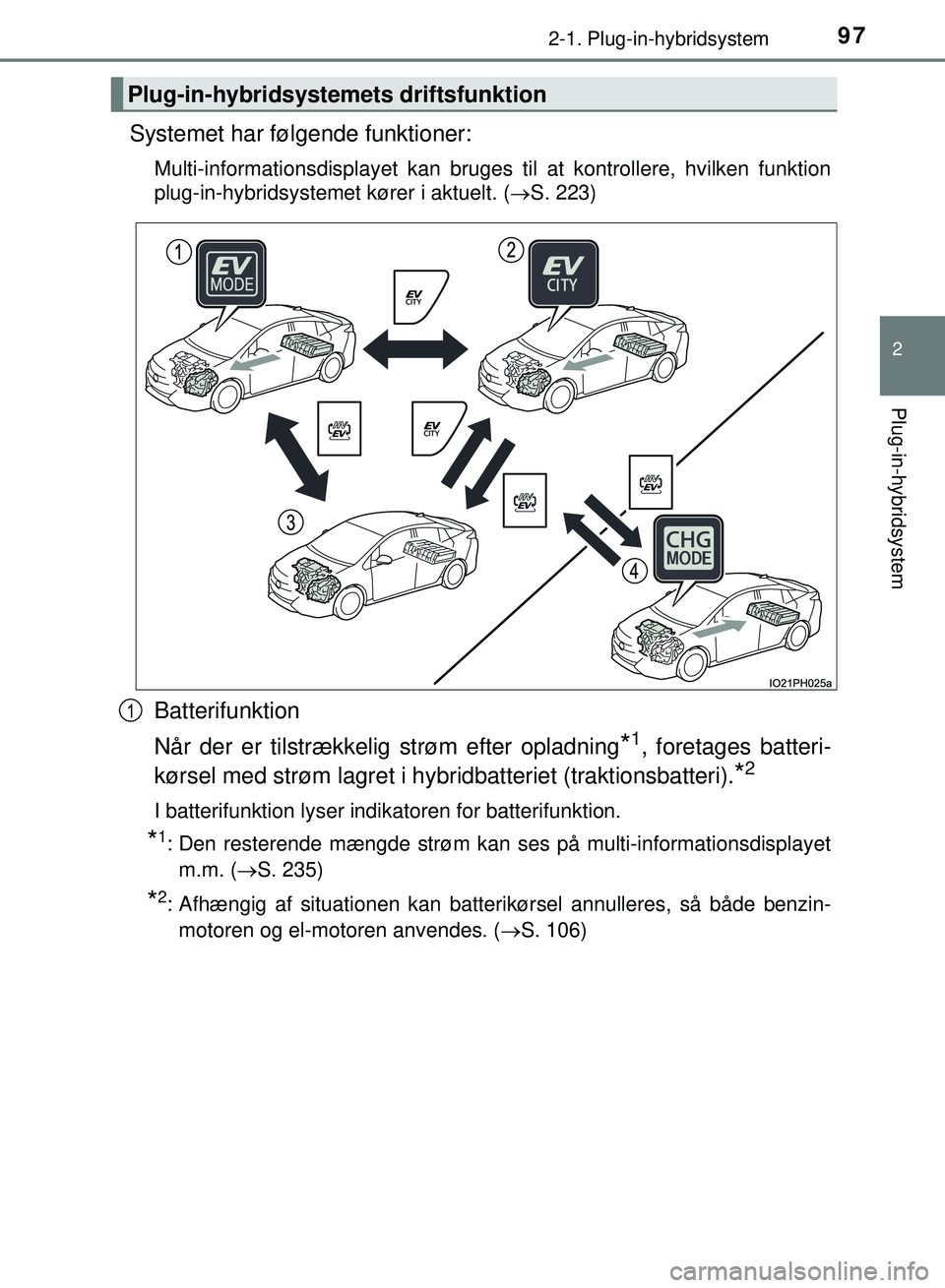 TOYOTA PRIUS PLUG-IN HYBRID 2018 Brugsanvisning (in Danish) 972-1. Plug-in-hybridsystem
2
Plug-in-hybridsystem
OM47C99DK
Systemet har følgende funktioner:
Multi-informationsdisplayet kan bruges til at kontrollere, hvilken funktion
plug-in-hybridsystemet køre TOYOTA PRIUS PLUG-IN HYBRID 2018 Brugsanvisning (in Danish) 972-1. Plug-in-hybridsystem
2
Plug-in-hybridsystem
OM47C99DK
Systemet har følgende funktioner:
Multi-informationsdisplayet kan bruges til at kontrollere, hvilken funktion
plug-in-hybridsystemet køre