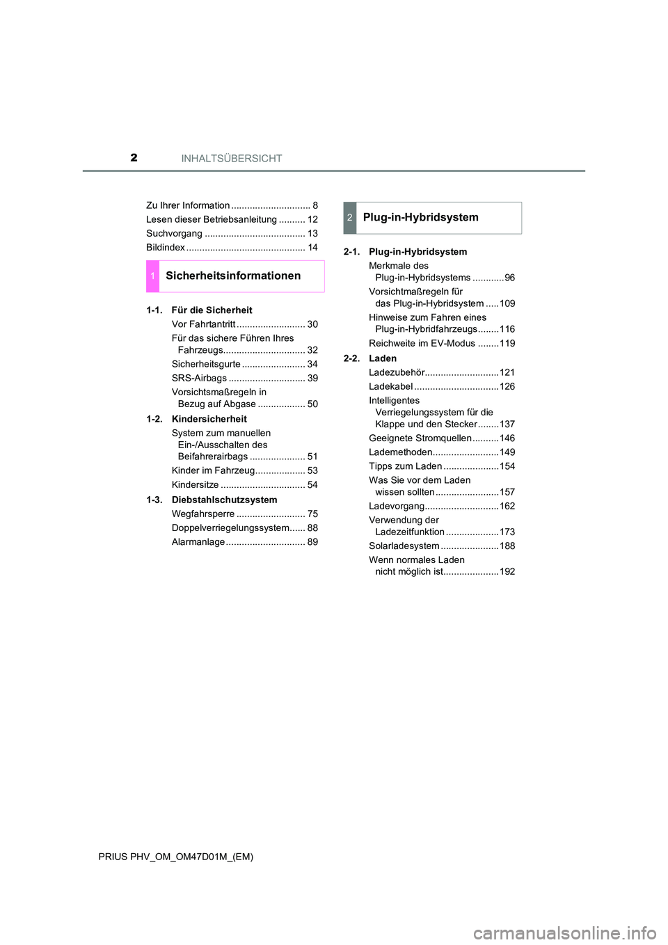 TOYOTA PRIUS PLUG-IN HYBRID 2018  Betriebsanleitungen (in German) INHALTSÜBERSICHT2
PRIUS PHV_OM_OM47D01M_(EM) 
Zu Ihrer Information .............................. 8 
Lesen dieser Betriebsanleitung .......... 12
Suchvorgang ...................................... 13