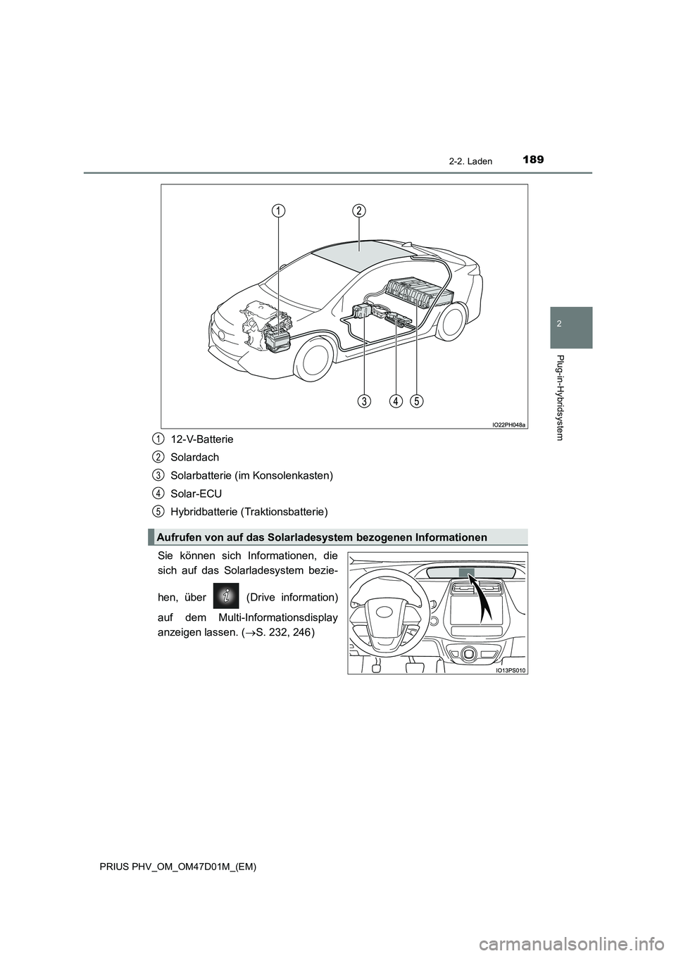 TOYOTA PRIUS PLUG-IN HYBRID 2018 Betriebsanleitungen (in German) 1892-2. Laden
2
Plug-in-Hybridsystem
PRIUS PHV_OM_OM47D01M_(EM)
12-V-Batterie
Solardach
Solarbatterie (im Konsolenkasten)
Solar-ECU
Hybridbatterie (Traktionsbatterie)
Sie können sich Informationen, d TOYOTA PRIUS PLUG-IN HYBRID 2018 Betriebsanleitungen (in German) 1892-2. Laden
2
Plug-in-Hybridsystem
PRIUS PHV_OM_OM47D01M_(EM)
12-V-Batterie
Solardach
Solarbatterie (im Konsolenkasten)
Solar-ECU
Hybridbatterie (Traktionsbatterie)
Sie können sich Informationen, d