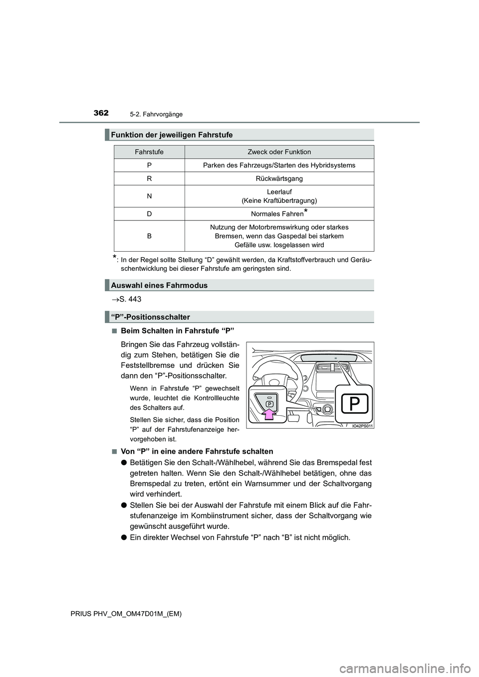 TOYOTA PRIUS PLUG-IN HYBRID 2018  Betriebsanleitungen (in German) 3625-2. Fahrvorgänge
PRIUS PHV_OM_OM47D01M_(EM)
*: In der Regel sollte Stellung “D” gewählt werden, da Kraftstoffverbrauch und Geräu-
schentwicklung bei dieser Fahrstufe am geringsten sind.
