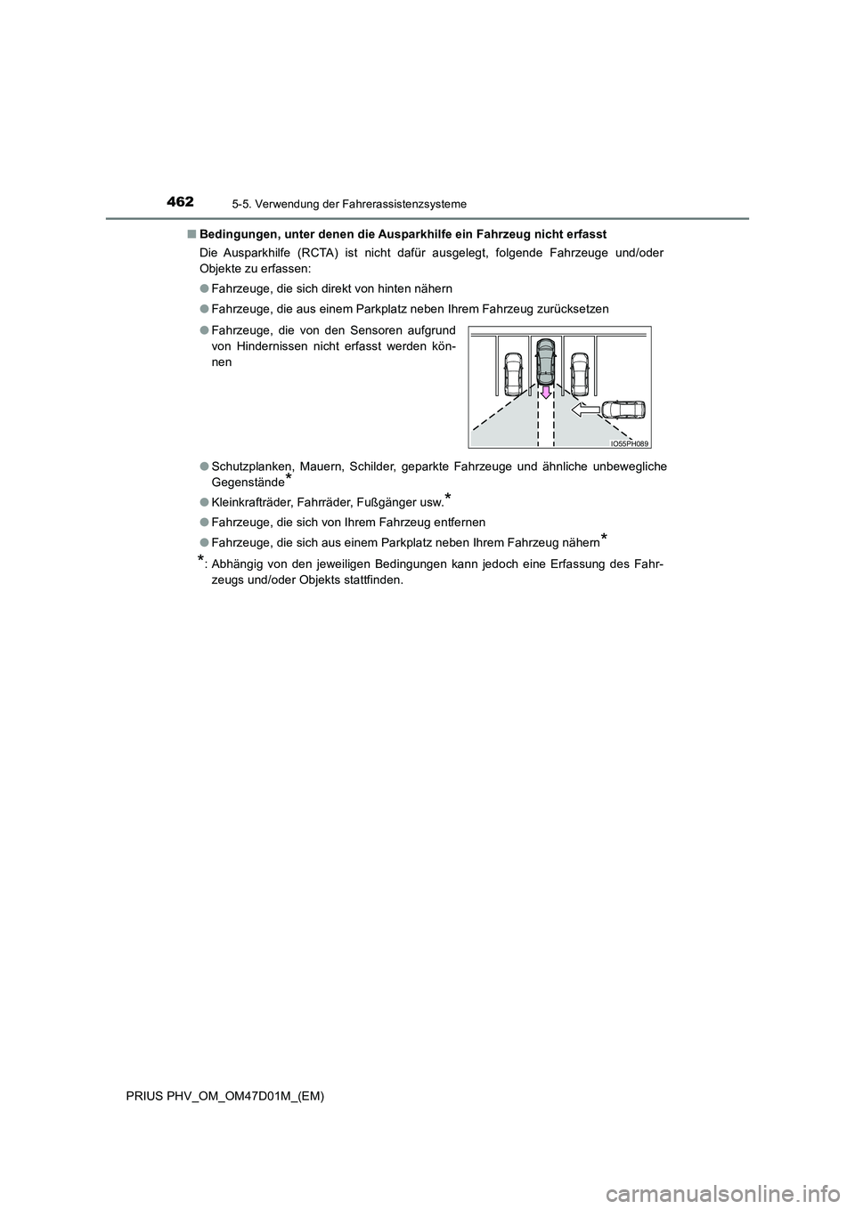 TOYOTA PRIUS PLUG-IN HYBRID 2018  Betriebsanleitungen (in German) 4625-5. Verwendung der Fahrerassistenzsysteme
PRIUS PHV_OM_OM47D01M_(EM) 
■ Bedingungen, unter denen die Ausparkhilfe ein Fahrzeug nicht erfasst 
Die Ausparkhilfe (RCTA) ist nicht dafür ausgelegt, 