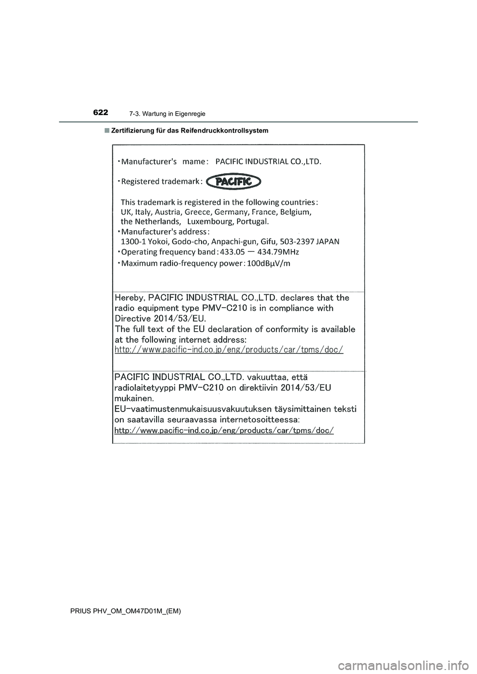 TOYOTA PRIUS PLUG-IN HYBRID 2018  Betriebsanleitungen (in German) 6227-3. Wartung in Eigenregie
PRIUS PHV_OM_OM47D01M_(EM)■Zertifizierung für das Reifendruckkontrollsystem 