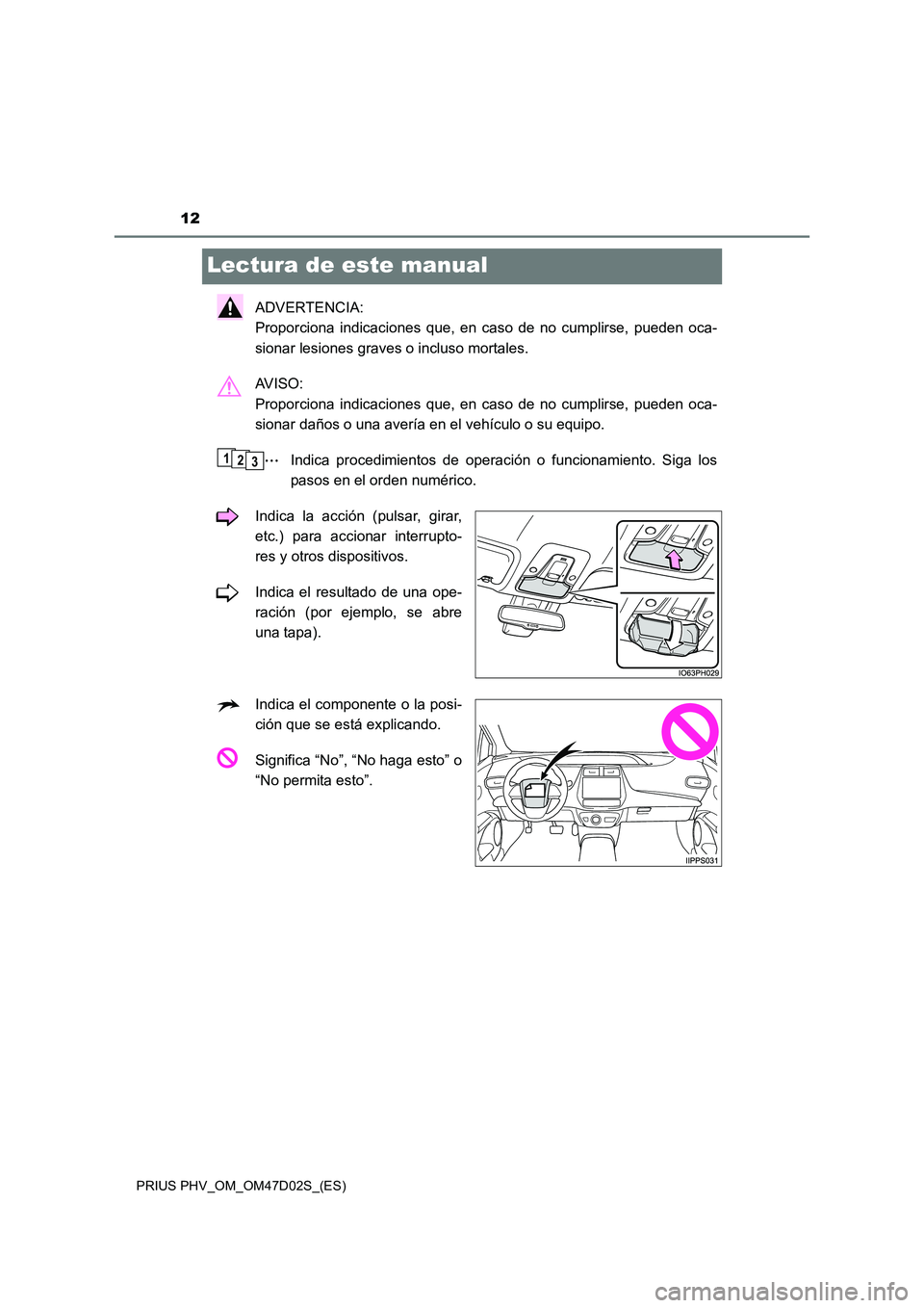 TOYOTA PRIUS PLUG-IN HYBRID 2018  Manual del propietario (in Spanish) 12
PRIUS PHV_OM_OM47D02S_(ES)
Lectura de este manual
ADVERTENCIA:  
Proporciona indicaciones que, en caso de no cumplirse, pueden oca- 
sionar lesiones graves o incluso mortales. 
AV I S O :   
Propor