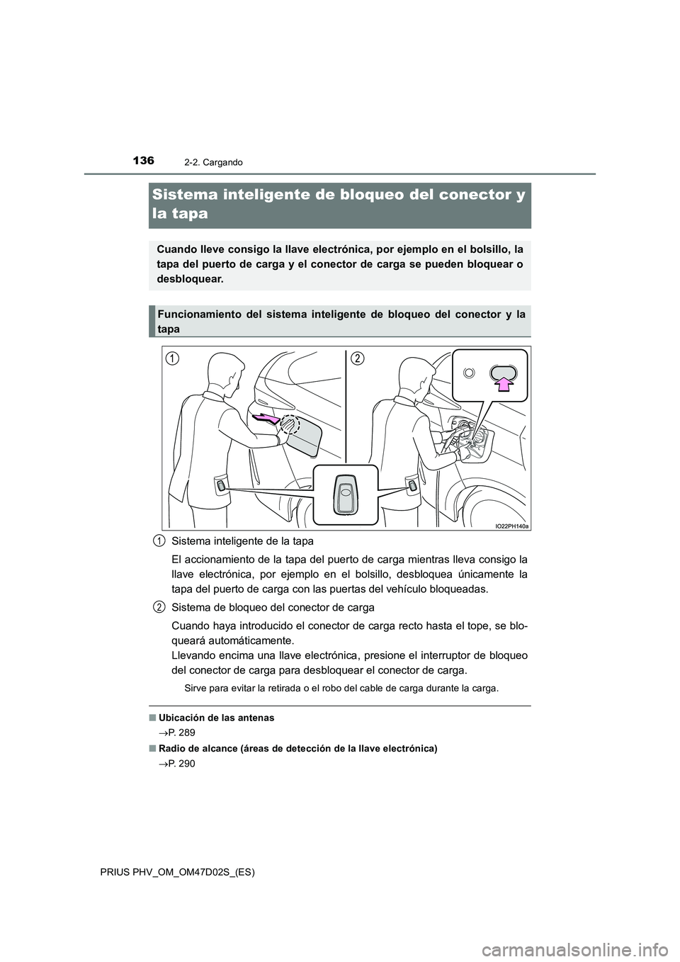TOYOTA PRIUS PLUG-IN HYBRID 2018 Manual del propietario (in Spanish) 1362-2. Cargando
PRIUS PHV_OM_OM47D02S_(ES)
Sistema inteligente de bloqueo del conector y
la tapa
Sistema inteligente de la tapa
El accionamiento de la tapa del puerto de carga mientras lleva consi TOYOTA PRIUS PLUG-IN HYBRID 2018 Manual del propietario (in Spanish) 1362-2. Cargando
PRIUS PHV_OM_OM47D02S_(ES)
Sistema inteligente de bloqueo del conector y
la tapa
Sistema inteligente de la tapa
El accionamiento de la tapa del puerto de carga mientras lleva consi