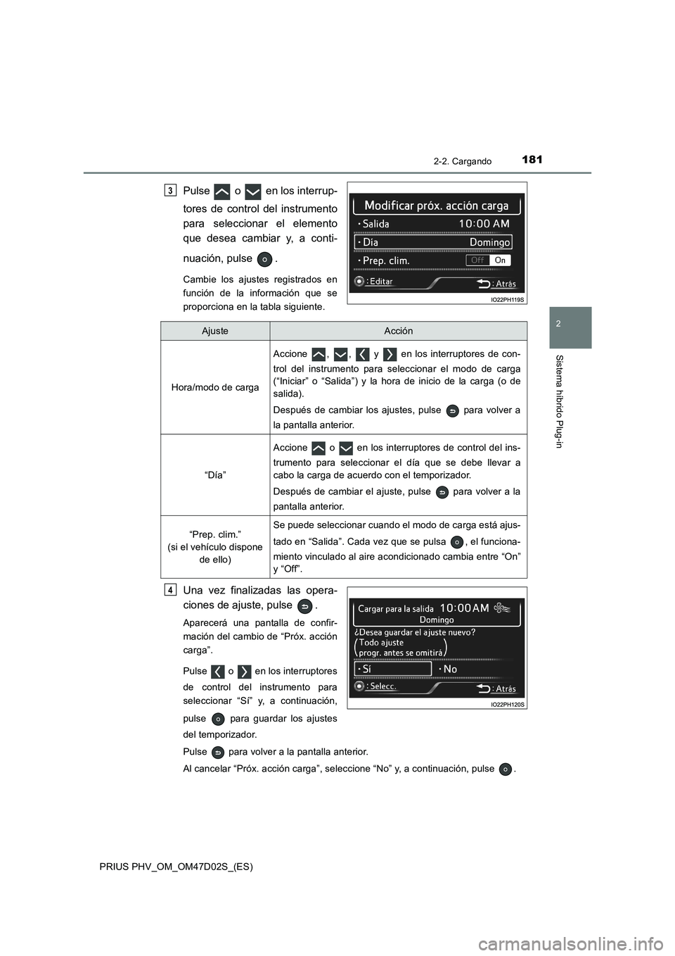 TOYOTA PRIUS PLUG-IN HYBRID 2018 Manual del propietario (in Spanish) 1812-2. Cargando
2
Sistema híbrido Plug-in
PRIUS PHV_OM_OM47D02S_(ES)
Pulse o en los interrup-
tores de control del instrumento
para seleccionar el elemento
que desea cambiar y, a conti-
nuación TOYOTA PRIUS PLUG-IN HYBRID 2018 Manual del propietario (in Spanish) 1812-2. Cargando
2
Sistema híbrido Plug-in
PRIUS PHV_OM_OM47D02S_(ES)
Pulse o en los interrup-
tores de control del instrumento
para seleccionar el elemento
que desea cambiar y, a conti-
nuación