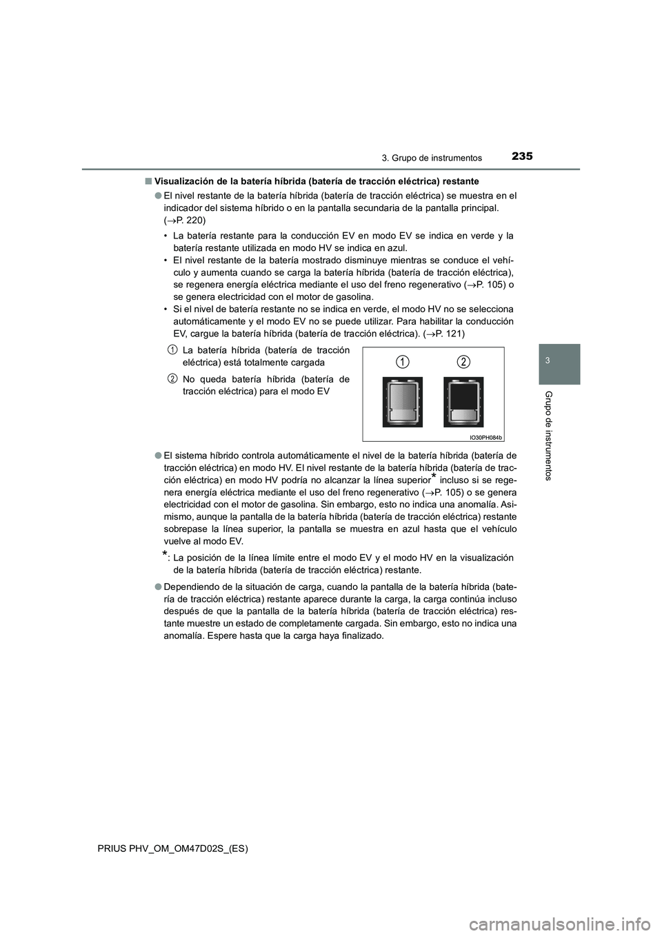 TOYOTA PRIUS PLUG-IN HYBRID 2018 Manual del propietario (in Spanish) 2353. Grupo de instrumentos
3
Grupo de instrumentos
PRIUS PHV_OM_OM47D02S_(ES)■Visualización de la batería híbrida (batería de tracción eléctrica) restante
●El nivel restante de la batería TOYOTA PRIUS PLUG-IN HYBRID 2018 Manual del propietario (in Spanish) 2353. Grupo de instrumentos
3
Grupo de instrumentos
PRIUS PHV_OM_OM47D02S_(ES)■Visualización de la batería híbrida (batería de tracción eléctrica) restante
●El nivel restante de la batería