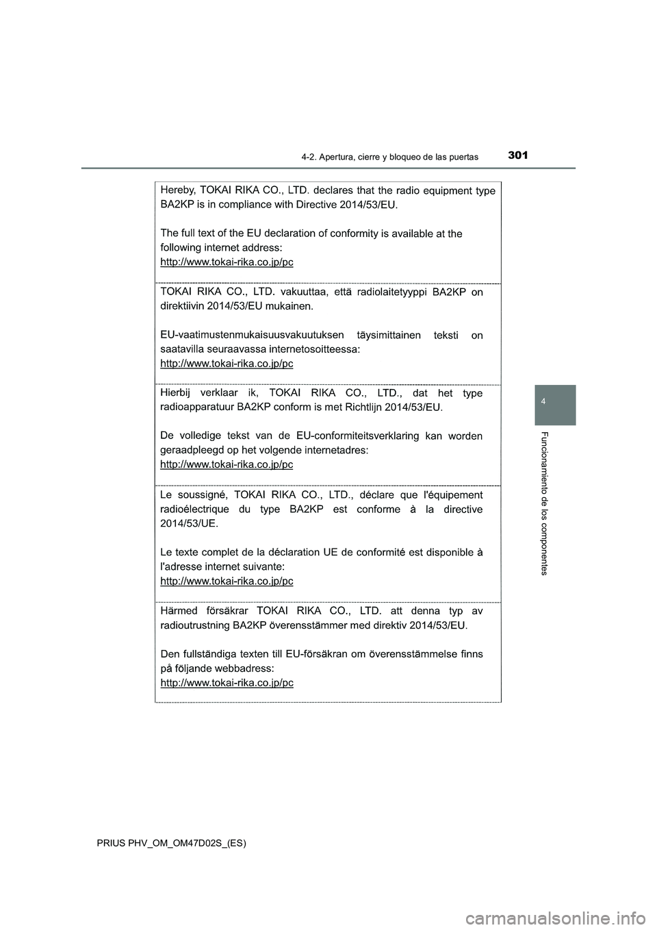 TOYOTA PRIUS PLUG-IN HYBRID 2018 Manual del propietario (in Spanish) 3014-2. Apertura, cierre y bloqueo de las puertas
PRIUS PHV_OM_OM47D02S_(ES)
4
Funcionamiento de los componentes TOYOTA PRIUS PLUG-IN HYBRID 2018 Manual del propietario (in Spanish) 3014-2. Apertura, cierre y bloqueo de las puertas
PRIUS PHV_OM_OM47D02S_(ES)
4
Funcionamiento de los componentes