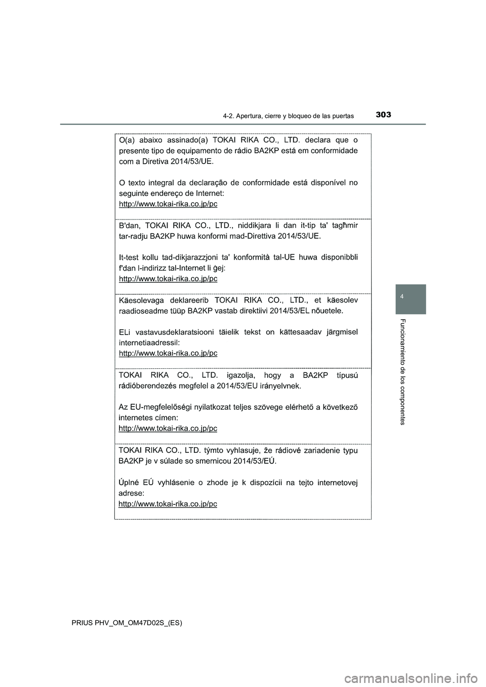 TOYOTA PRIUS PLUG-IN HYBRID 2018 Manual del propietario (in Spanish) 3034-2. Apertura, cierre y bloqueo de las puertas
PRIUS PHV_OM_OM47D02S_(ES)
4
Funcionamiento de los componentes TOYOTA PRIUS PLUG-IN HYBRID 2018 Manual del propietario (in Spanish) 3034-2. Apertura, cierre y bloqueo de las puertas
PRIUS PHV_OM_OM47D02S_(ES)
4
Funcionamiento de los componentes