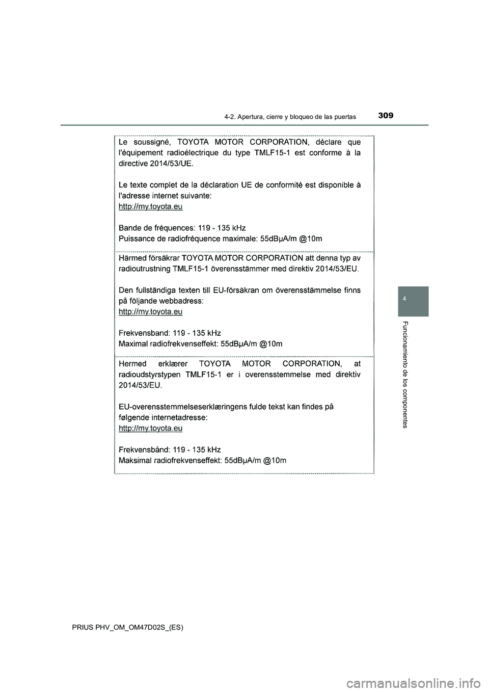 TOYOTA PRIUS PLUG-IN HYBRID 2018 Manual del propietario (in Spanish) 3094-2. Apertura, cierre y bloqueo de las puertas
PRIUS PHV_OM_OM47D02S_(ES)
4
Funcionamiento de los componentes TOYOTA PRIUS PLUG-IN HYBRID 2018 Manual del propietario (in Spanish) 3094-2. Apertura, cierre y bloqueo de las puertas
PRIUS PHV_OM_OM47D02S_(ES)
4
Funcionamiento de los componentes