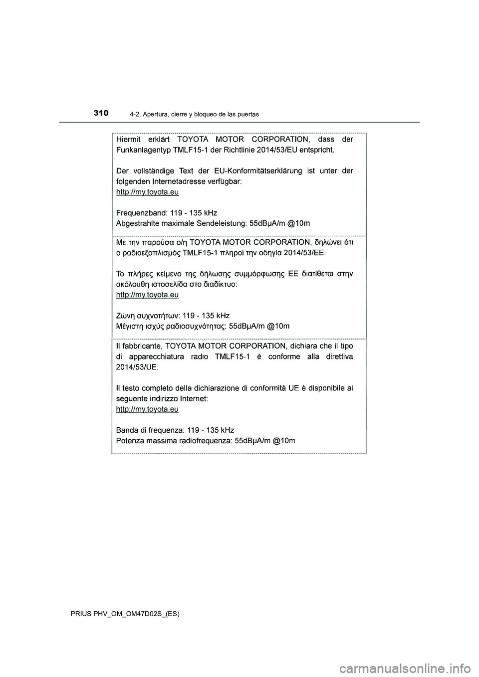 TOYOTA PRIUS PLUG-IN HYBRID 2018 Manual del propietario (in Spanish) 3104-2. Apertura, cierre y bloqueo de las puertas
PRIUS PHV_OM_OM47D02S_(ES) TOYOTA PRIUS PLUG-IN HYBRID 2018 Manual del propietario (in Spanish) 3104-2. Apertura, cierre y bloqueo de las puertas
PRIUS PHV_OM_OM47D02S_(ES)
