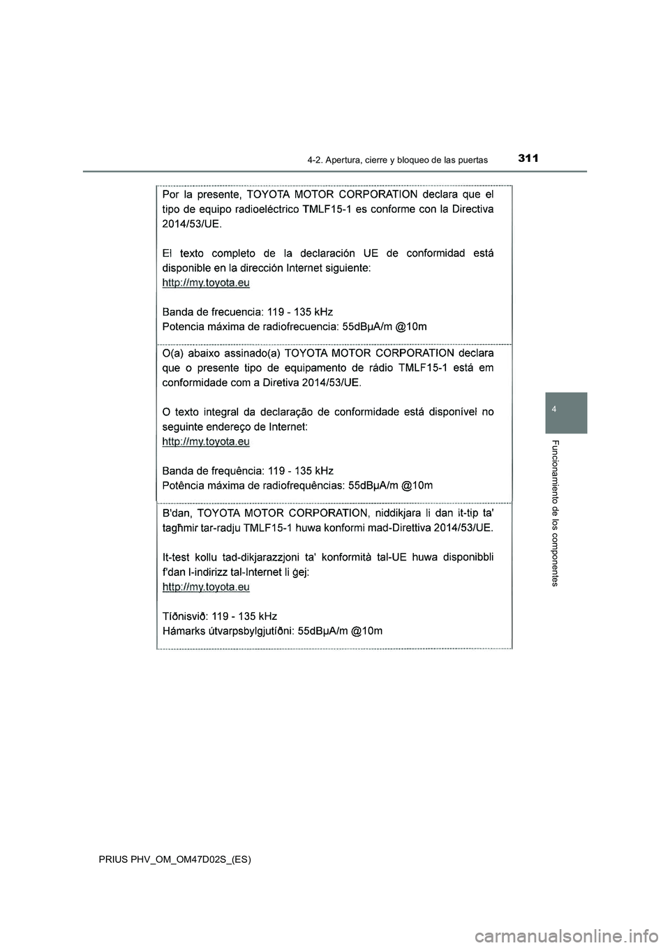 TOYOTA PRIUS PLUG-IN HYBRID 2018  Manual del propietario (in Spanish) 3114-2. Apertura, cierre y bloqueo de las puertas
PRIUS PHV_OM_OM47D02S_(ES)
4
Funcionamiento de los componentes 