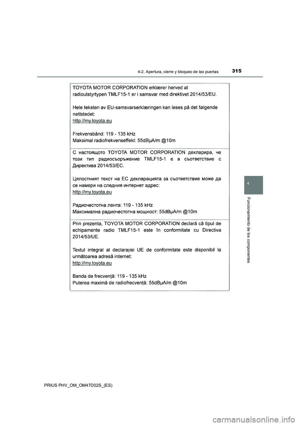 TOYOTA PRIUS PLUG-IN HYBRID 2018  Manual del propietario (in Spanish) 3154-2. Apertura, cierre y bloqueo de las puertas
PRIUS PHV_OM_OM47D02S_(ES)
4
Funcionamiento de los componentes 