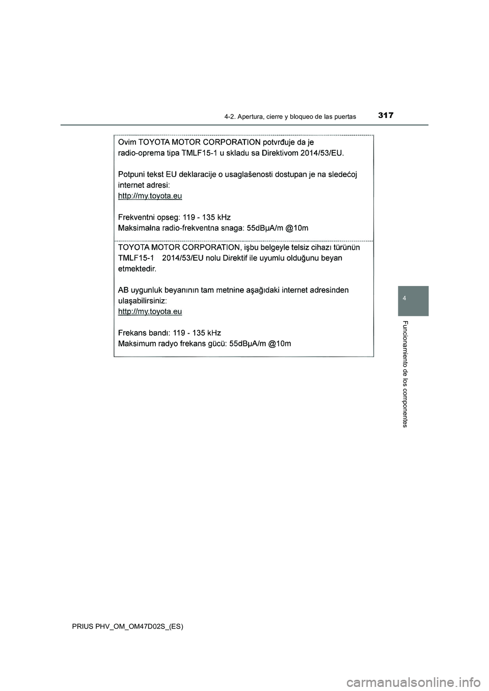 TOYOTA PRIUS PLUG-IN HYBRID 2018  Manual del propietario (in Spanish) 3174-2. Apertura, cierre y bloqueo de las puertas
PRIUS PHV_OM_OM47D02S_(ES)
4
Funcionamiento de los componentes 