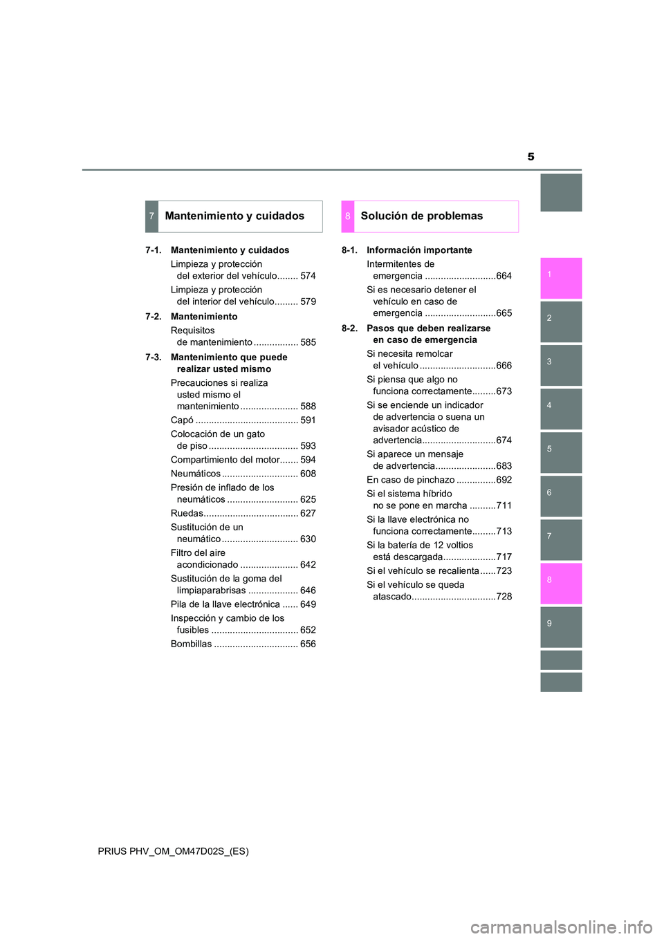 TOYOTA PRIUS PLUG-IN HYBRID 2018  Manual del propietario (in Spanish) 5
1 
9 
8
7
6
5
4 
2
PRIUS PHV_OM_OM47D02S_(ES)
3
7-1. Mantenimiento y cuidados 
Limpieza y protección  
del exterior del vehículo........ 574 
Limpieza y protección  
del interior del vehículo...