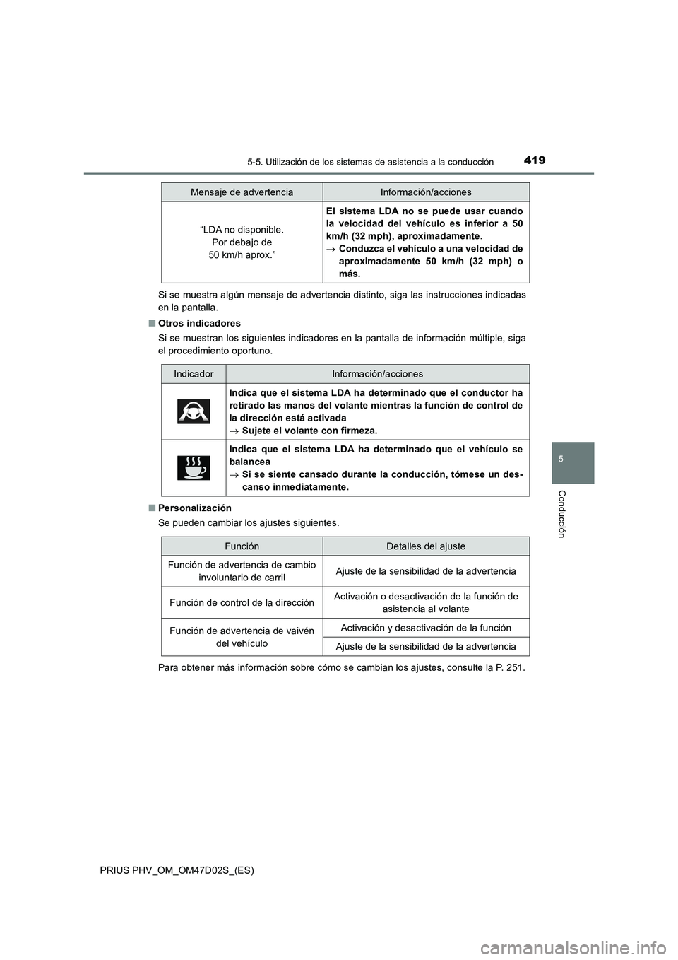TOYOTA PRIUS PLUG-IN HYBRID 2018  Manual del propietario (in Spanish) 4195-5. Utilización de los sistemas de asistencia a la conducción
PRIUS PHV_OM_OM47D02S_(ES)
5
Conducción
Si se muestra algún mensaje de advertencia distinto, siga las instrucciones indicadas
en l