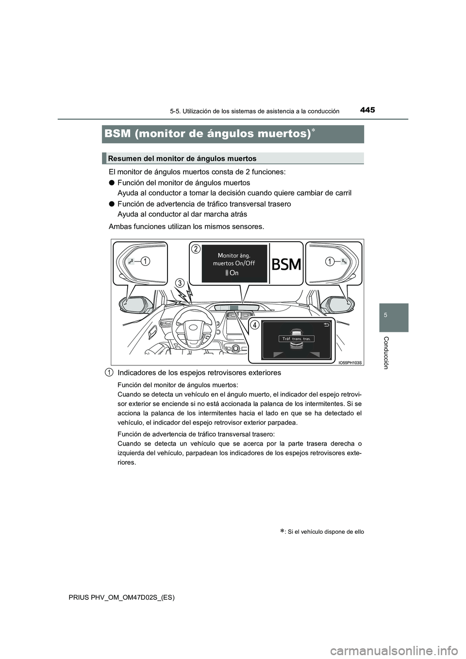 TOYOTA PRIUS PLUG-IN HYBRID 2018  Manual del propietario (in Spanish) 4455-5. Utilización de los sistemas de asistencia a la conducción
PRIUS PHV_OM_OM47D02S_(ES)
5
Conducción
BSM (monitor de ángulos muertos)
El monitor de ángulos muertos consta de 2 funciones:

