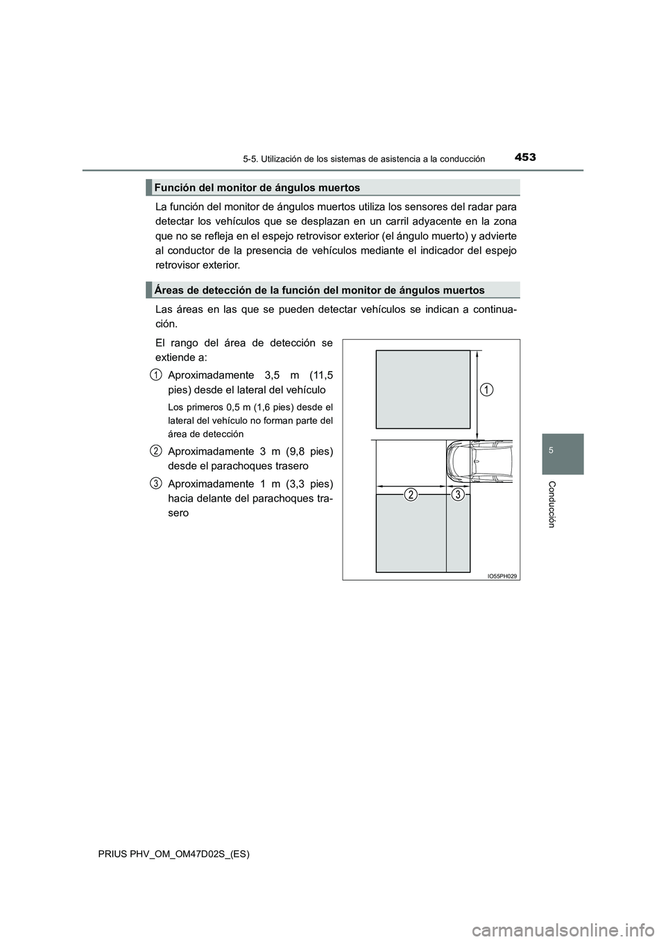TOYOTA PRIUS PLUG-IN HYBRID 2018  Manual del propietario (in Spanish) 4535-5. Utilización de los sistemas de asistencia a la conducción
PRIUS PHV_OM_OM47D02S_(ES)
5
Conducción
La función del monitor de ángulos muertos utiliza los sensores del radar para
detectar lo