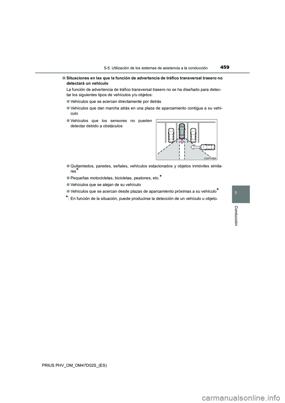 TOYOTA PRIUS PLUG-IN HYBRID 2018  Manual del propietario (in Spanish) 4595-5. Utilización de los sistemas de asistencia a la conducción
PRIUS PHV_OM_OM47D02S_(ES)
5
Conducción
■Situaciones en las que la función de advertencia de tráfico transversal trasero no 
de