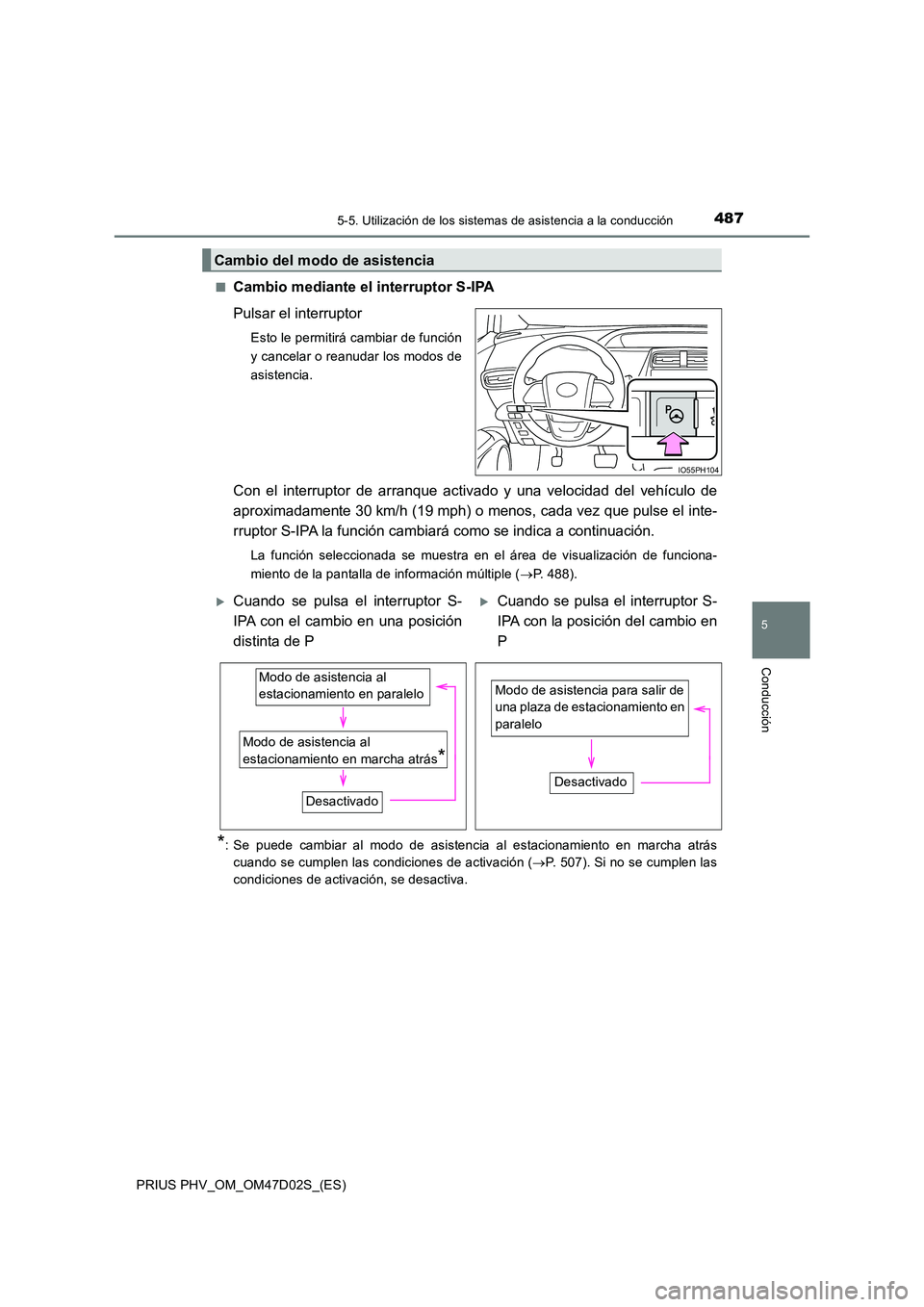 TOYOTA PRIUS PLUG-IN HYBRID 2018 Manual del propietario (in Spanish) 4875-5. Utilización de los sistemas de asistencia a la conducción
PRIUS PHV_OM_OM47D02S_(ES)
5
Conducción
■Cambio mediante el interruptor S-IPA
Pulsar el interruptor
Esto le permitirá cambiar d TOYOTA PRIUS PLUG-IN HYBRID 2018 Manual del propietario (in Spanish) 4875-5. Utilización de los sistemas de asistencia a la conducción
PRIUS PHV_OM_OM47D02S_(ES)
5
Conducción
■Cambio mediante el interruptor S-IPA
Pulsar el interruptor
Esto le permitirá cambiar d