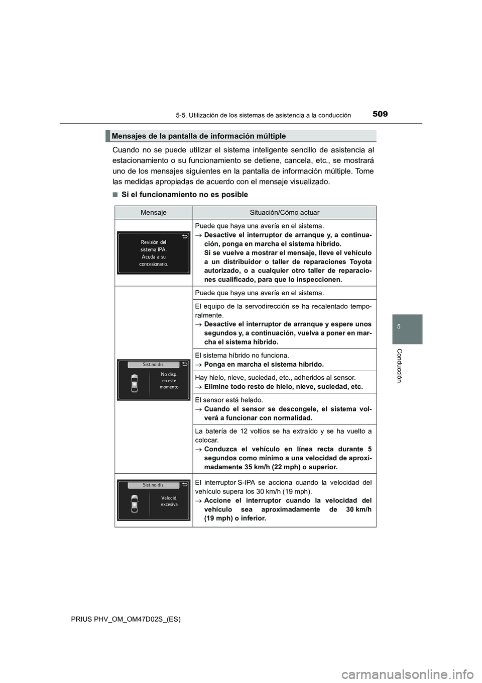 TOYOTA PRIUS PLUG-IN HYBRID 2018 Manual del propietario (in Spanish) 5095-5. Utilización de los sistemas de asistencia a la conducción
PRIUS PHV_OM_OM47D02S_(ES)
5
Conducción
Cuando no se puede utilizar el sistema inteligente sencillo de asistencia al
estacionamient TOYOTA PRIUS PLUG-IN HYBRID 2018 Manual del propietario (in Spanish) 5095-5. Utilización de los sistemas de asistencia a la conducción
PRIUS PHV_OM_OM47D02S_(ES)
5
Conducción
Cuando no se puede utilizar el sistema inteligente sencillo de asistencia al
estacionamient